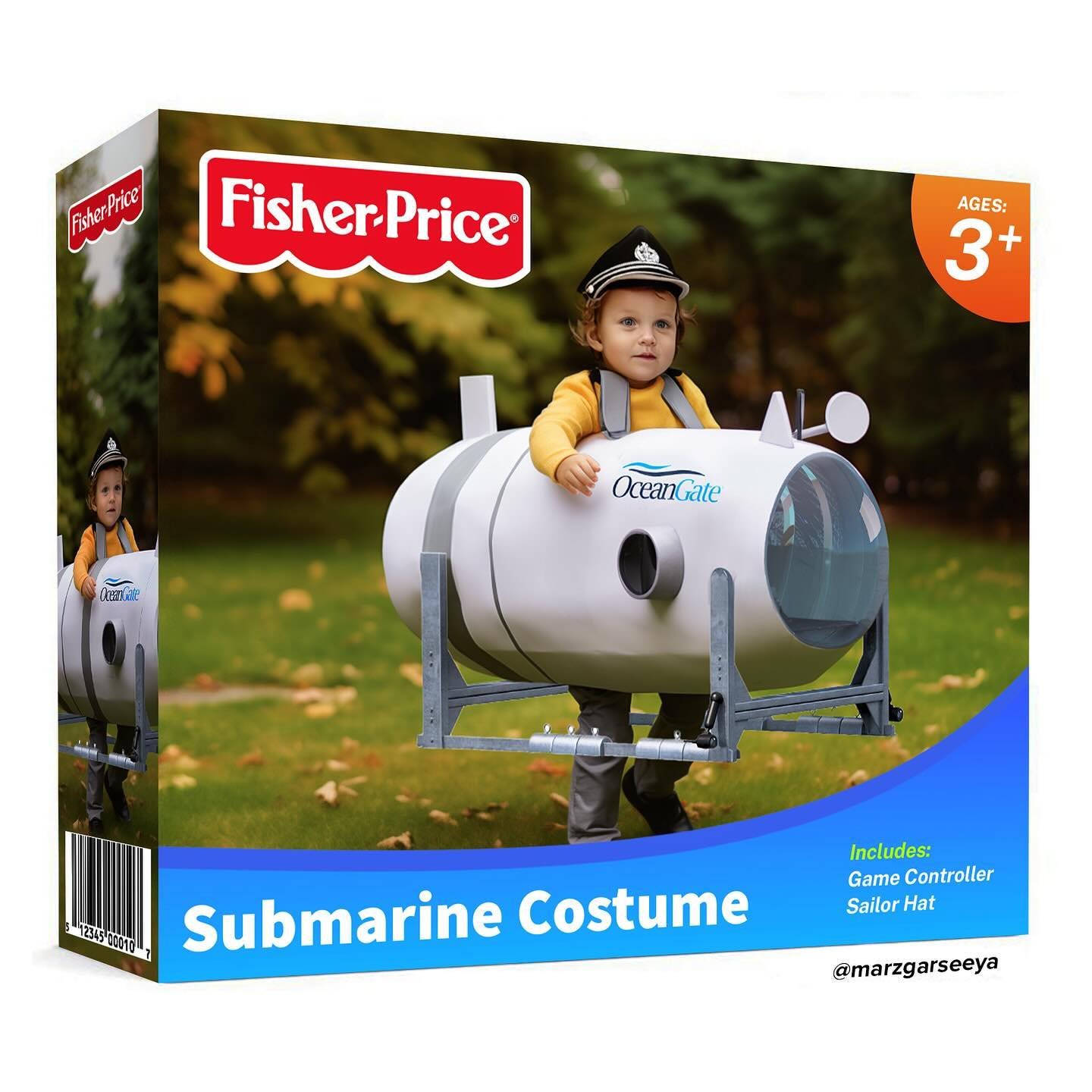 Box packaging for a children's toy submarine costume showing a young child dressed as a submarine with an ocean theme, including a game controller and sailor hat, with autumn scenery background.