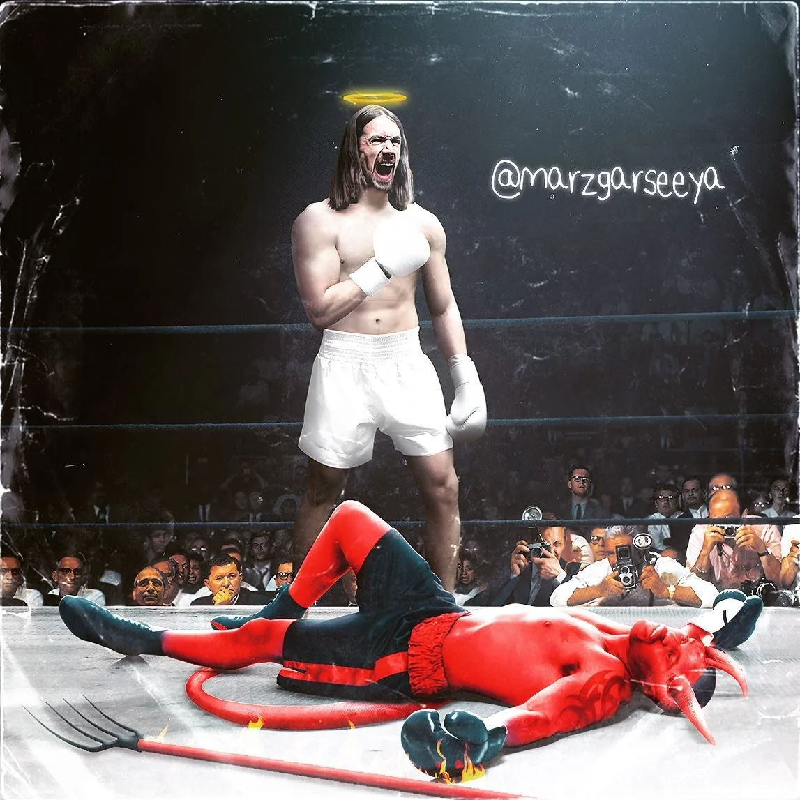 A woman dressed as a boxer stands in a boxing ring with a fierce expression and a halo above her head, while a person dressed as a devil lies on the floor with a pitchfork and a red tail beside them. There are spectators in the background and the artist's social media handle '@marzgarseya' is written on the wall.