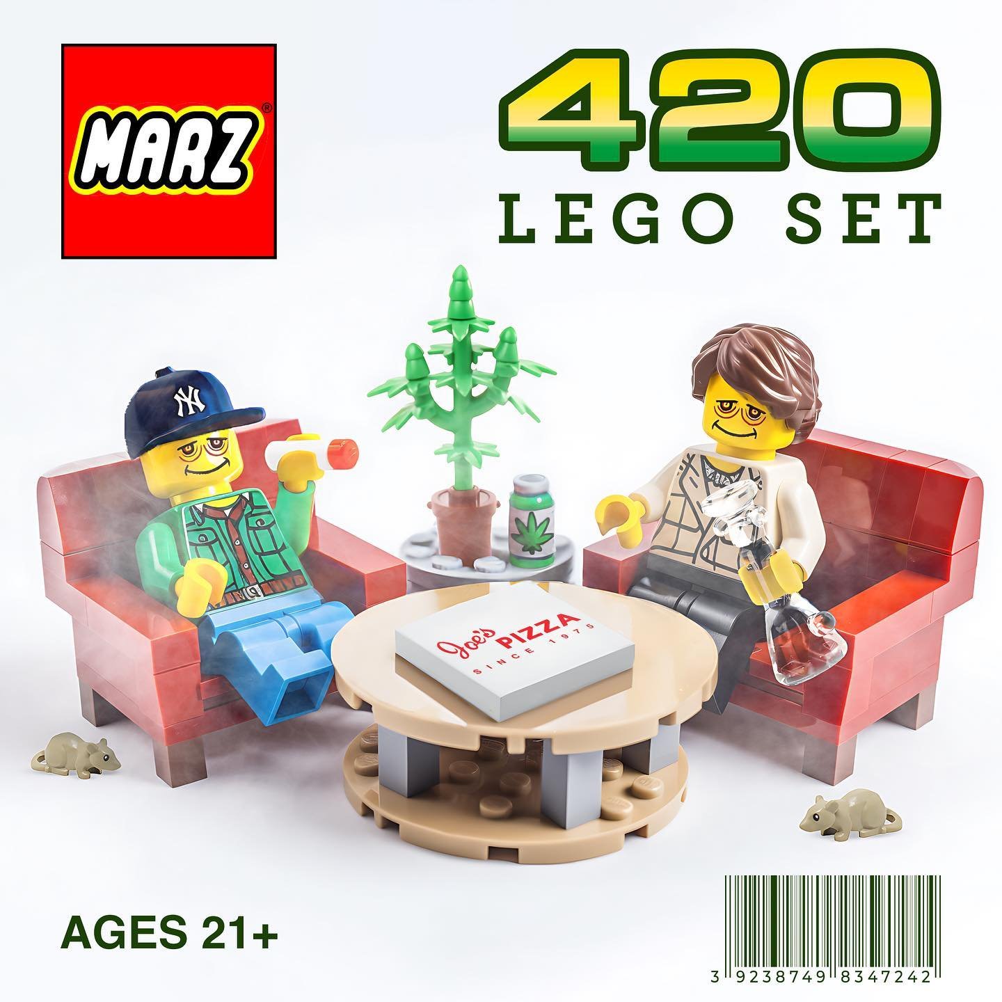 LEGO set featuring two LEGO characters sitting on red sofas. One has a baseball cap, the other has glasses and longer hair. There is a small table with a pizza box labeled 'Oven Pizza,' a potted cannabis plant, and a spray bottle. Miniature mice are on the floor, and a small potted cannabis plant is on the table. The package is labeled '420 LEGO Set' and indicates it's for adults 21 and older.