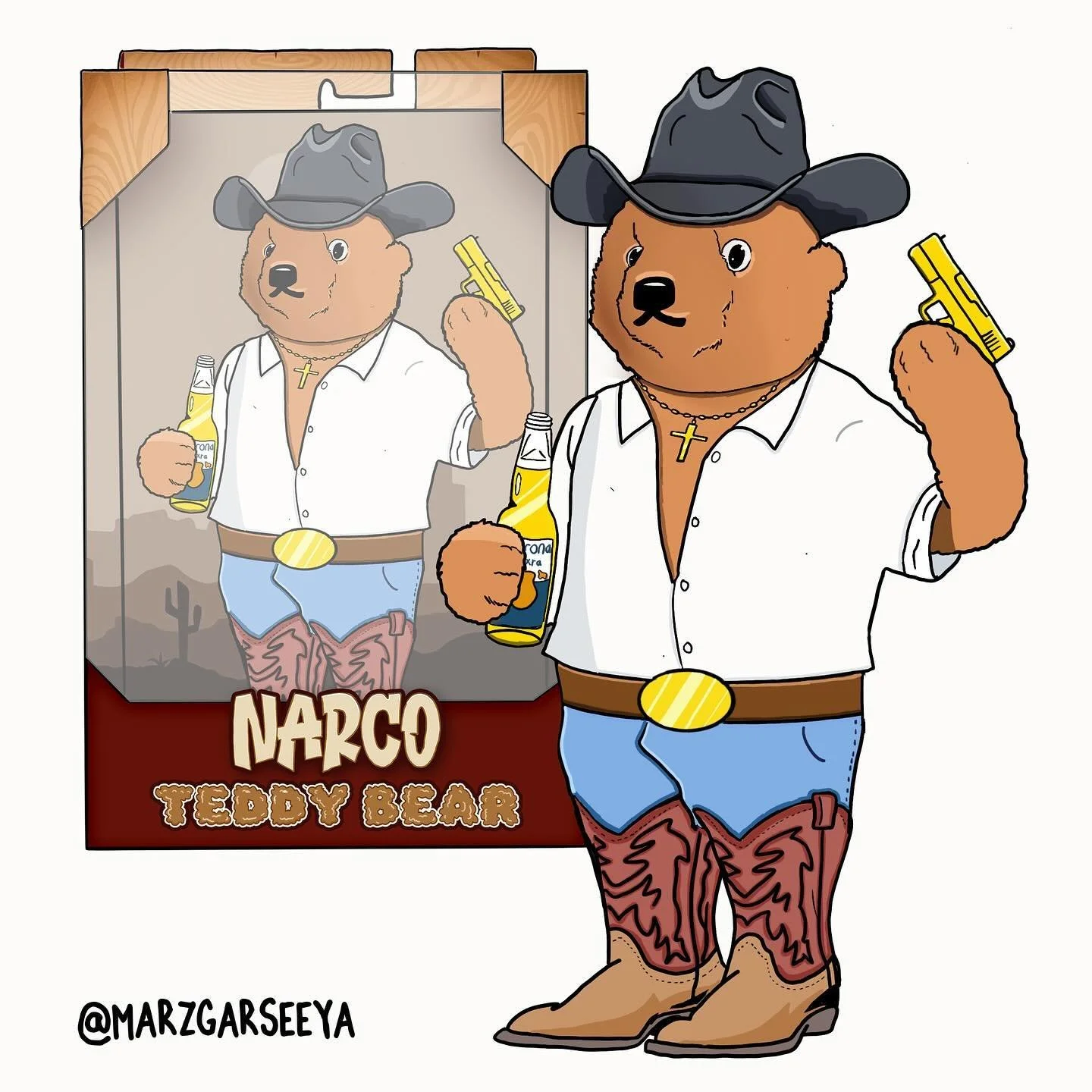 Cartoon bear dressed as a cowboy holding a yellow gun and a beer bottle, wearing a cowboy hat, white shirt, jeans, cowboy boots, and a gold cross necklace. A toy box featuring the same bear in the same cowboy costume is in the background.