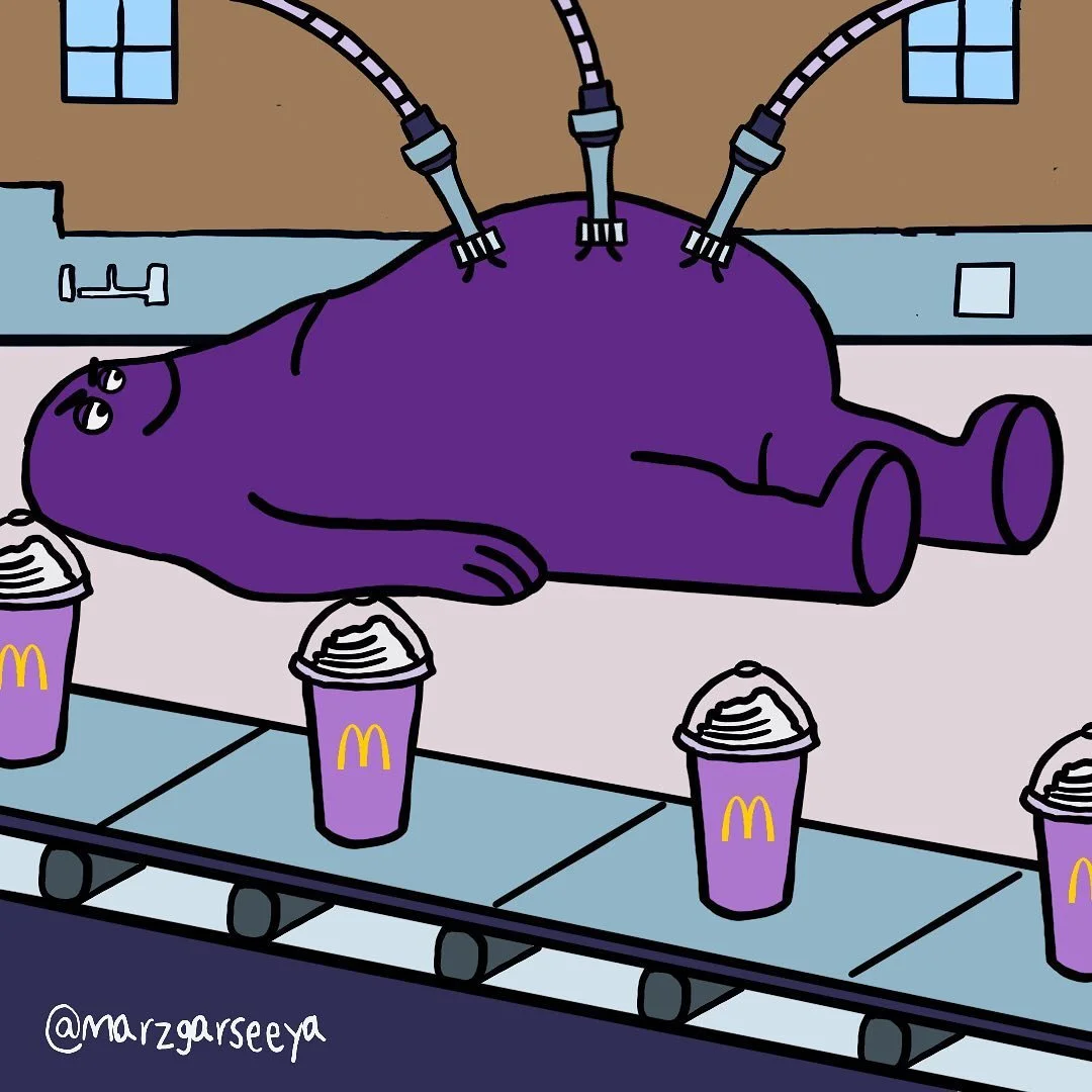 A cartoon illustration of a purple animal, resembling a hippopotamus, lying on its side on a conveyor belt in a fast food restaurant kitchen. The animal is connected to machines by three cables attached to its back. In front of the animal are McDonald's cups with whipped cream on top, on a counter.