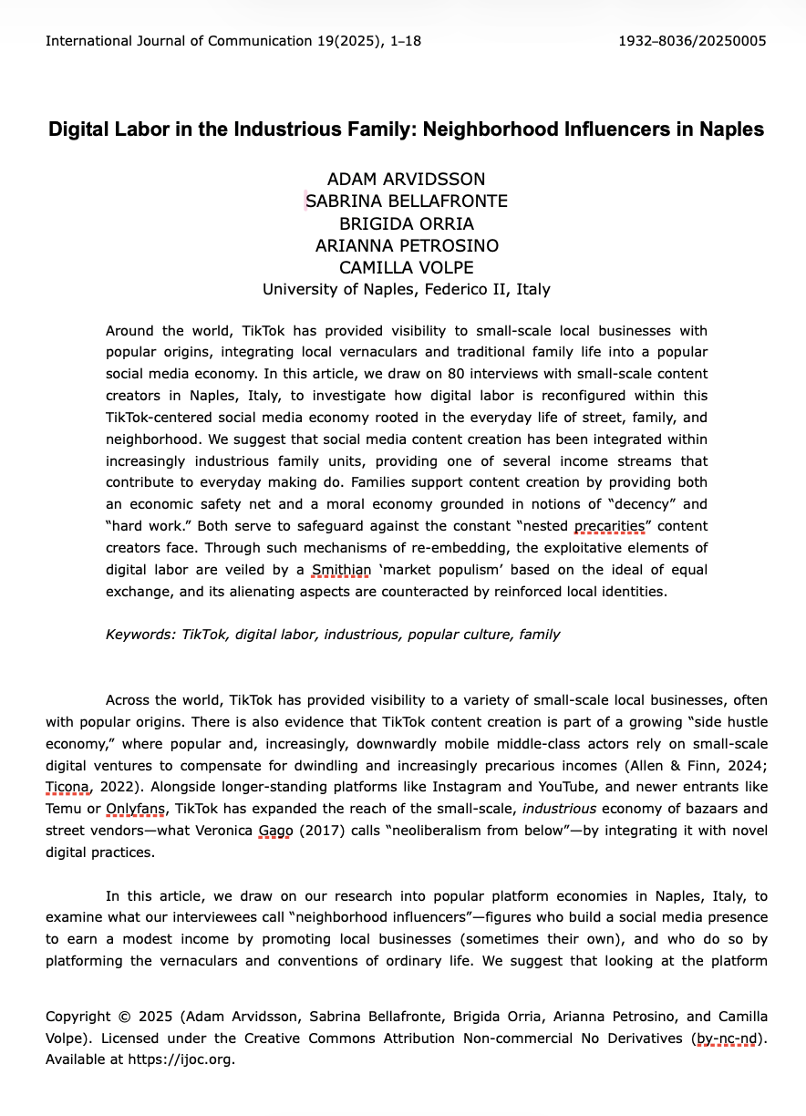 Digital Labor in the Industrious Family: Neighborhood Influencers in Naples