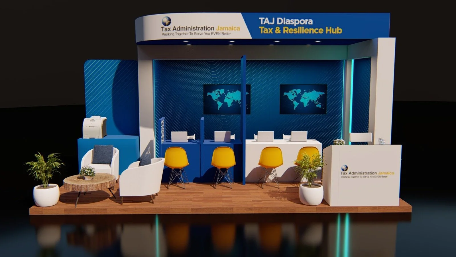 Trade show booth for Tax Administration Jamaica with blue walls, yellow chairs, white counter, and seating area, featuring potted plants and digital screens with world maps.
