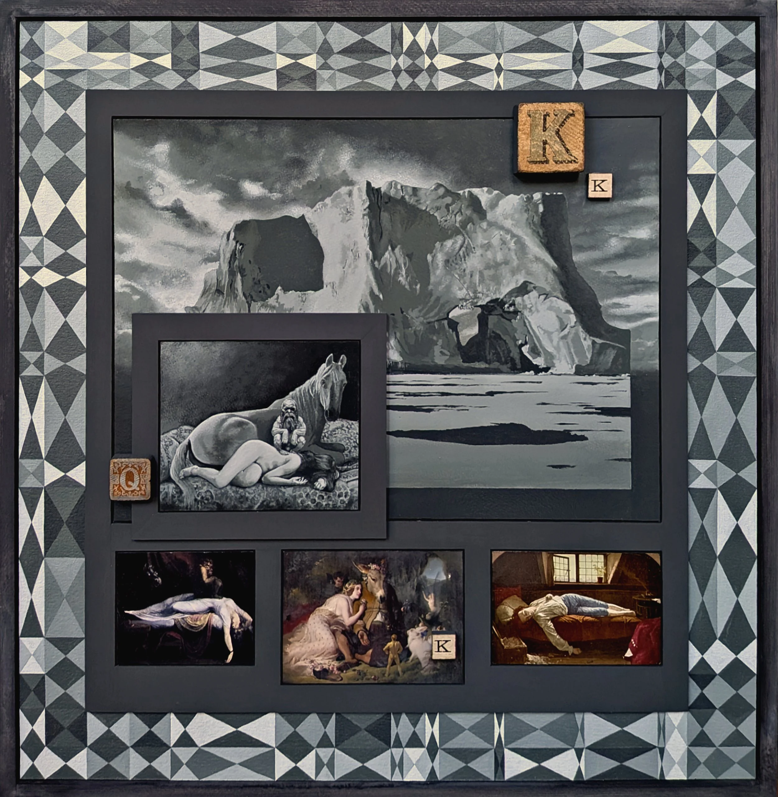 Mnemosyne V
Acrylic on canvas and paper, wood, postcards, child’s bricks, shell. 64cm x 64cm x 8cm