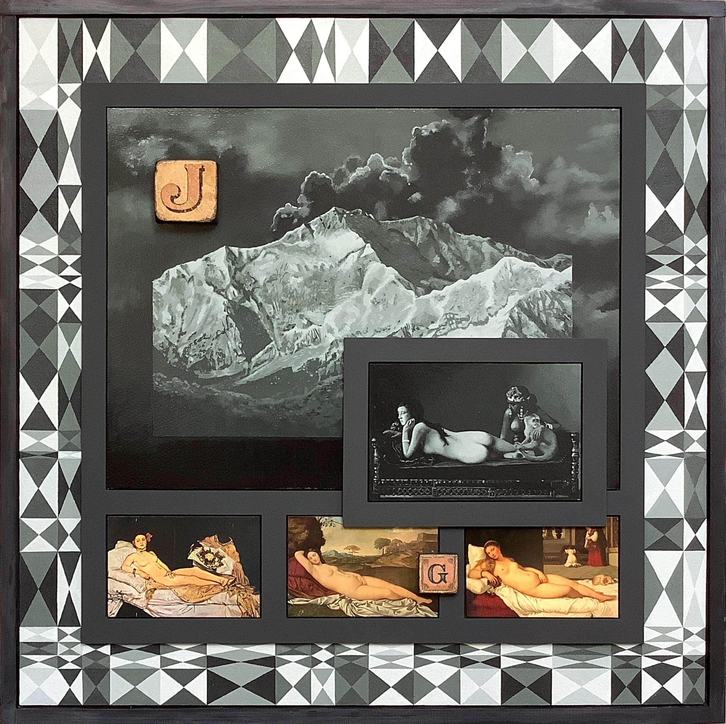 Mnemosyne II
Acrylic on canvas and paper, wood, postcards, child’s bricks. 64cm x 64cm x 8cm