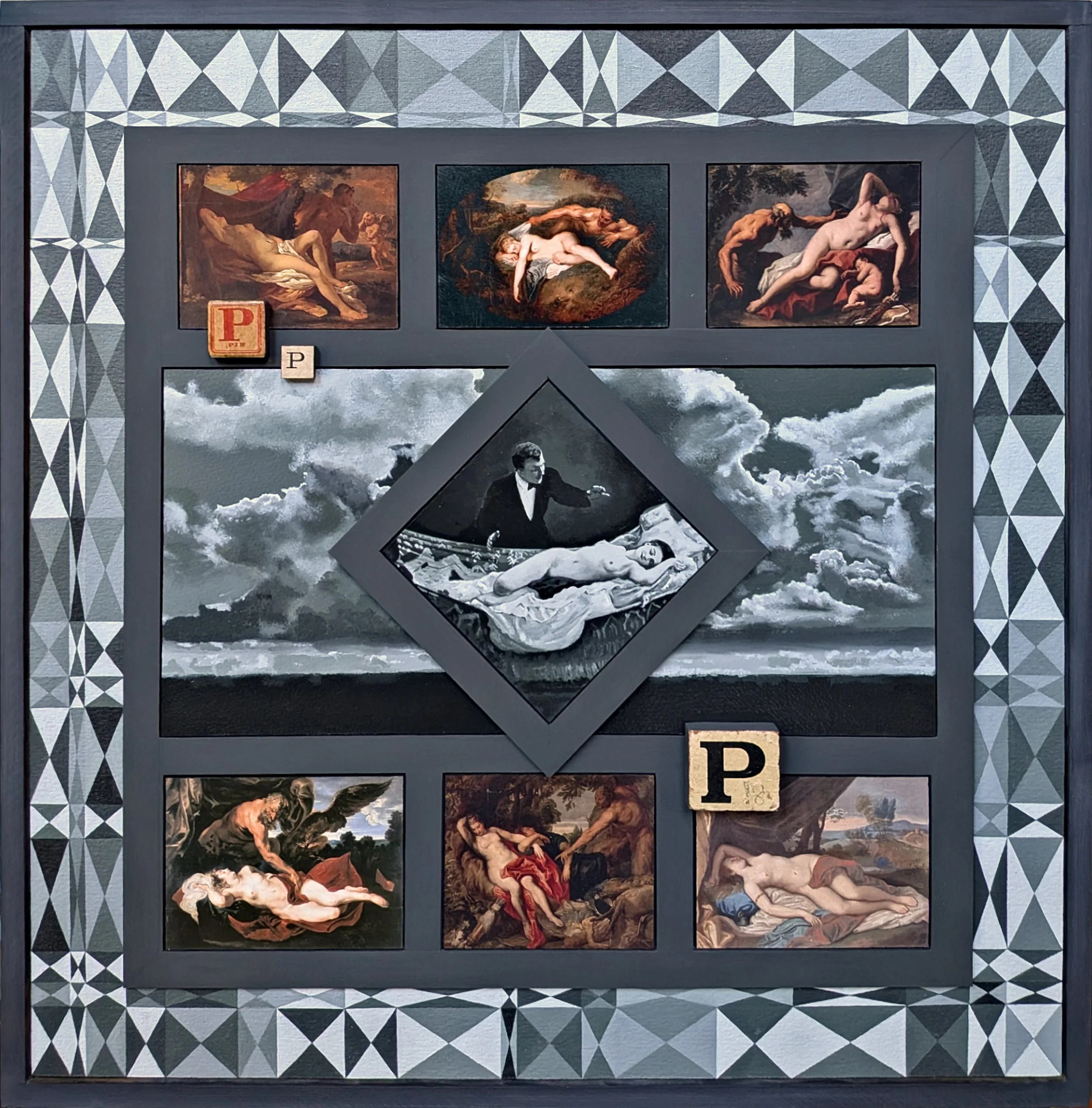 Mnemosyne VIII
Acrylic on canvas and paper, wood, postcards, child’s bricks. 64cm x 64cm x 8cm