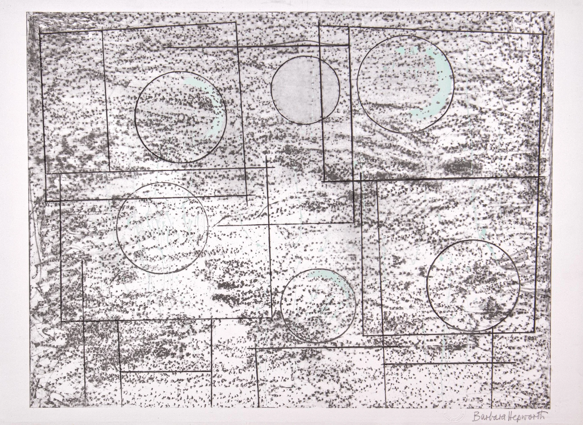 Squares and Circles
Initialled original lithograph in 4 colours from the Twelve Lithographs suite, 1969.
Published by Curwen Prints on B G Crisbrook paper. This copy is a working proof aside from the edition of 60 with registration cuts right and lef