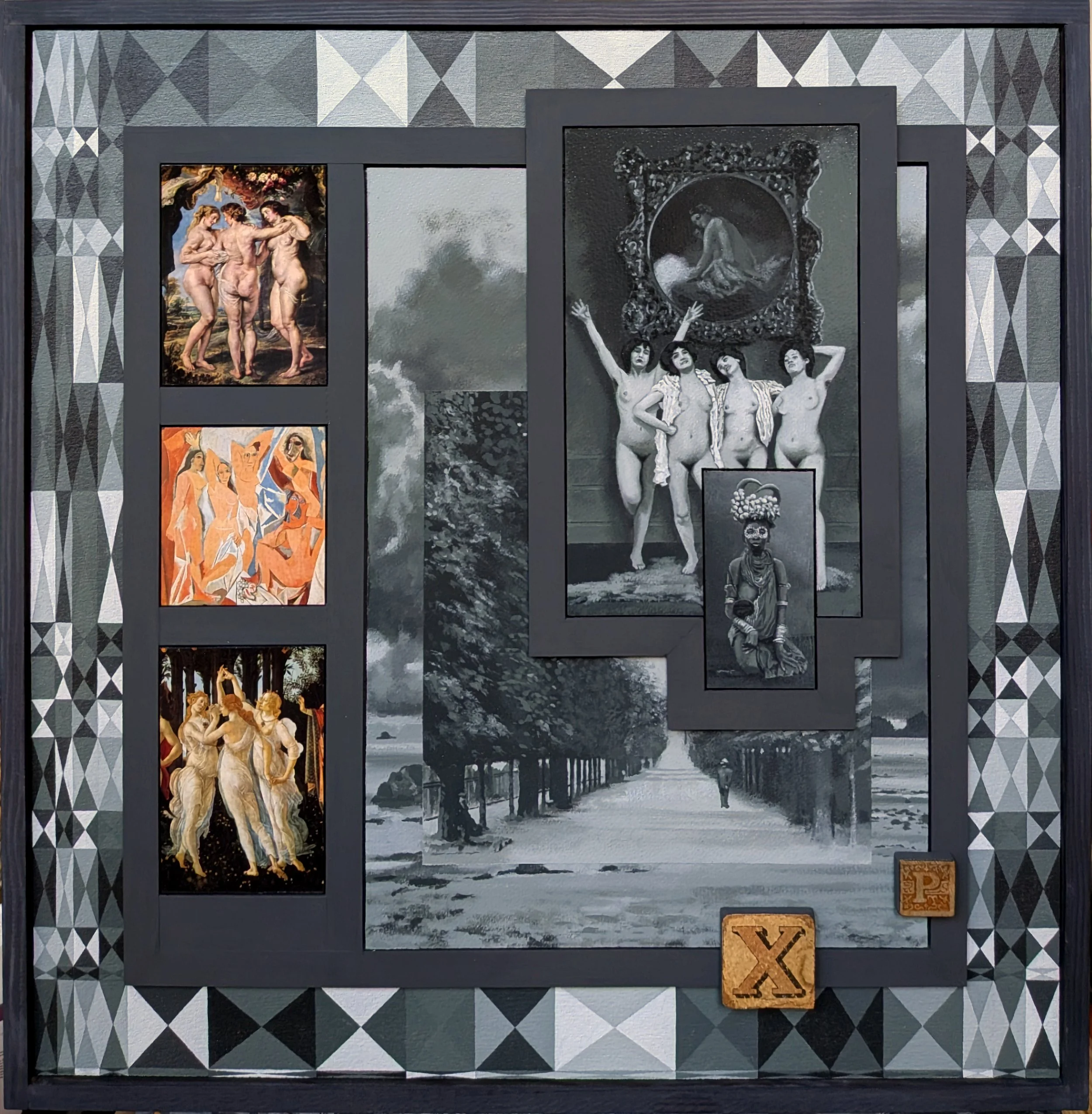 Mnemosyne IV
Acrylic on canvas and paper, wood, postcards, child’s bricks. 64cm x 64cm x 8cm