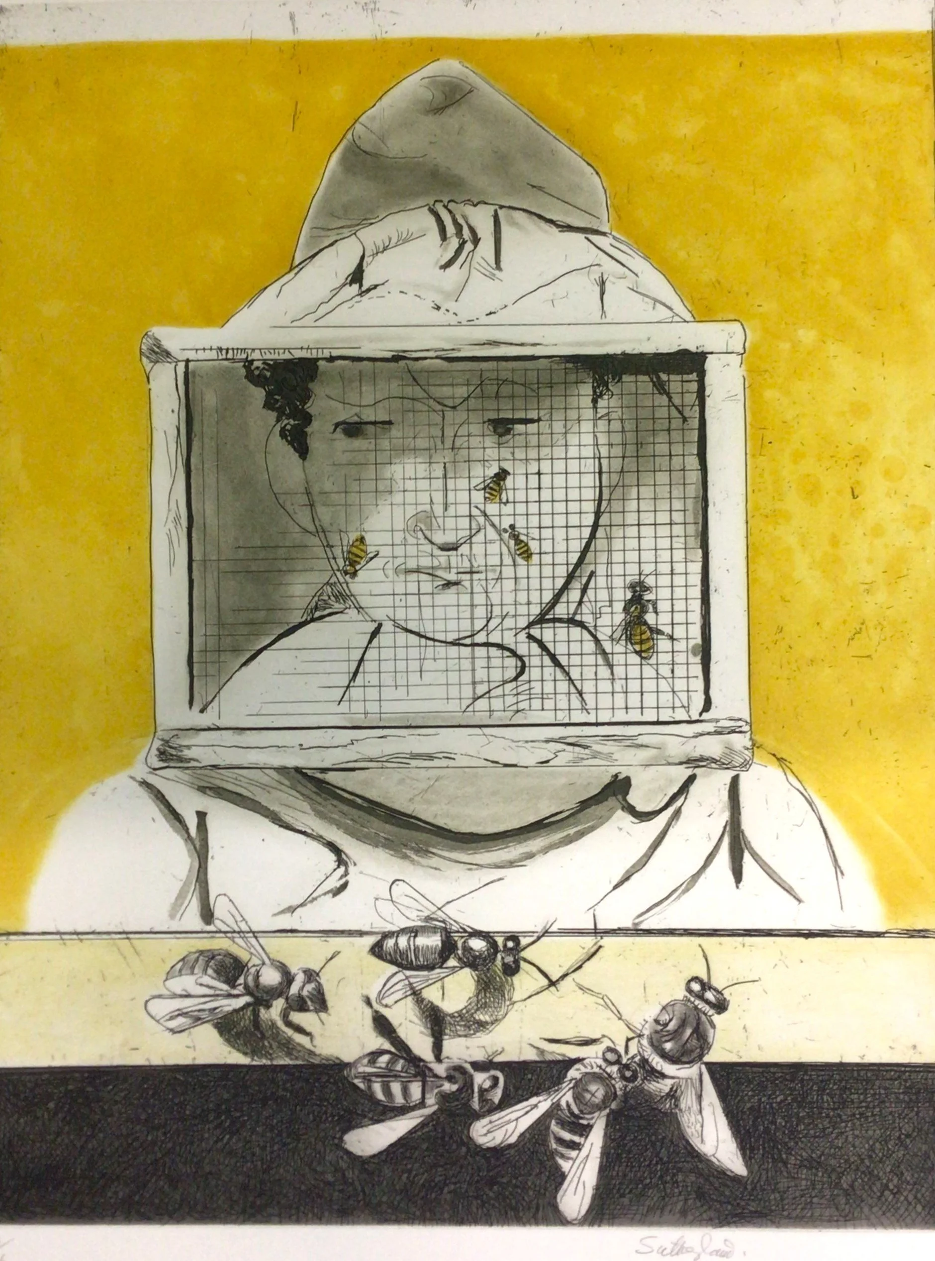 The Bee Keeper ( The Bee Suite)

 Etching and Aquatint 1977

 Edition 64/66. 

Signed and numbered by the artist. 

The Bee Suite is a series of aquatints conceived and produced between October 1976 and May 1977. They were printed in the 2RC Studio R