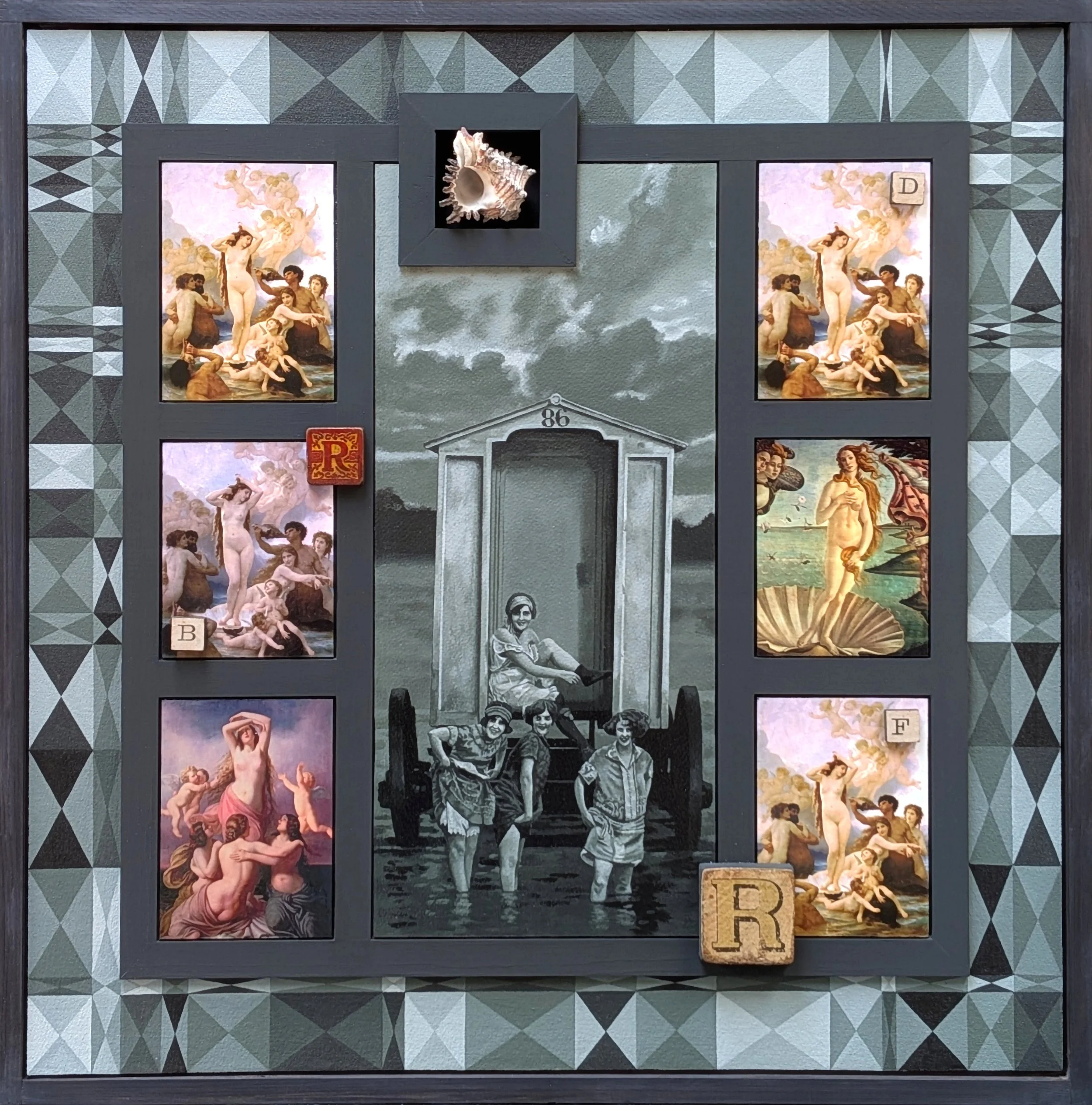 Mnemosyne III
Acrylic on canvas and paper, wood, postcards, child’s bricks. 64cm x 64cm x 8cm