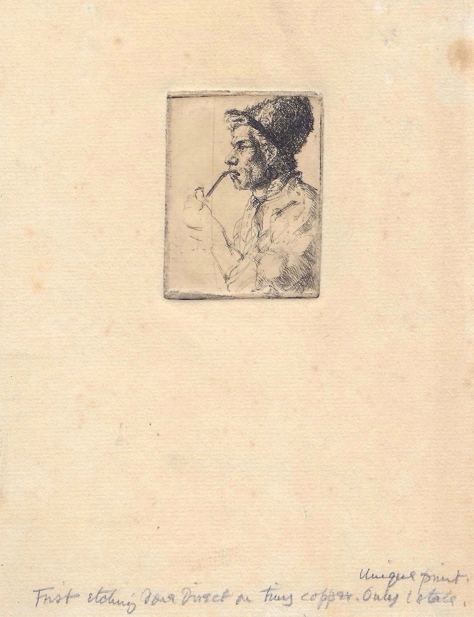 Head of a Man in a Fur Hat. Etching by Paul Drury
