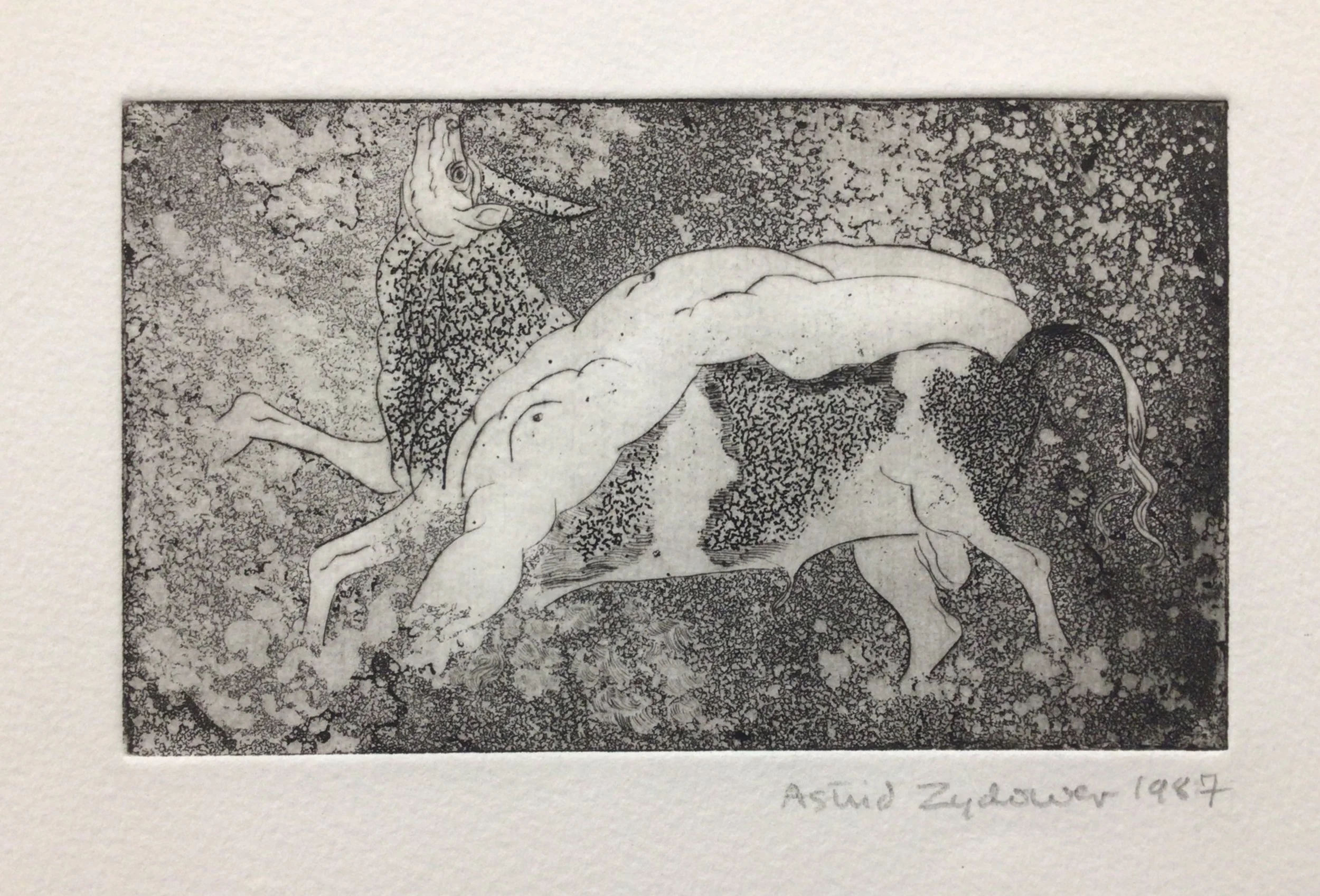 38: Untitled ( Figure leaping over an animal)
Etching and Aquatint
Image Size 15x9cm
Signed and dated 1987
£525
1 Copy available