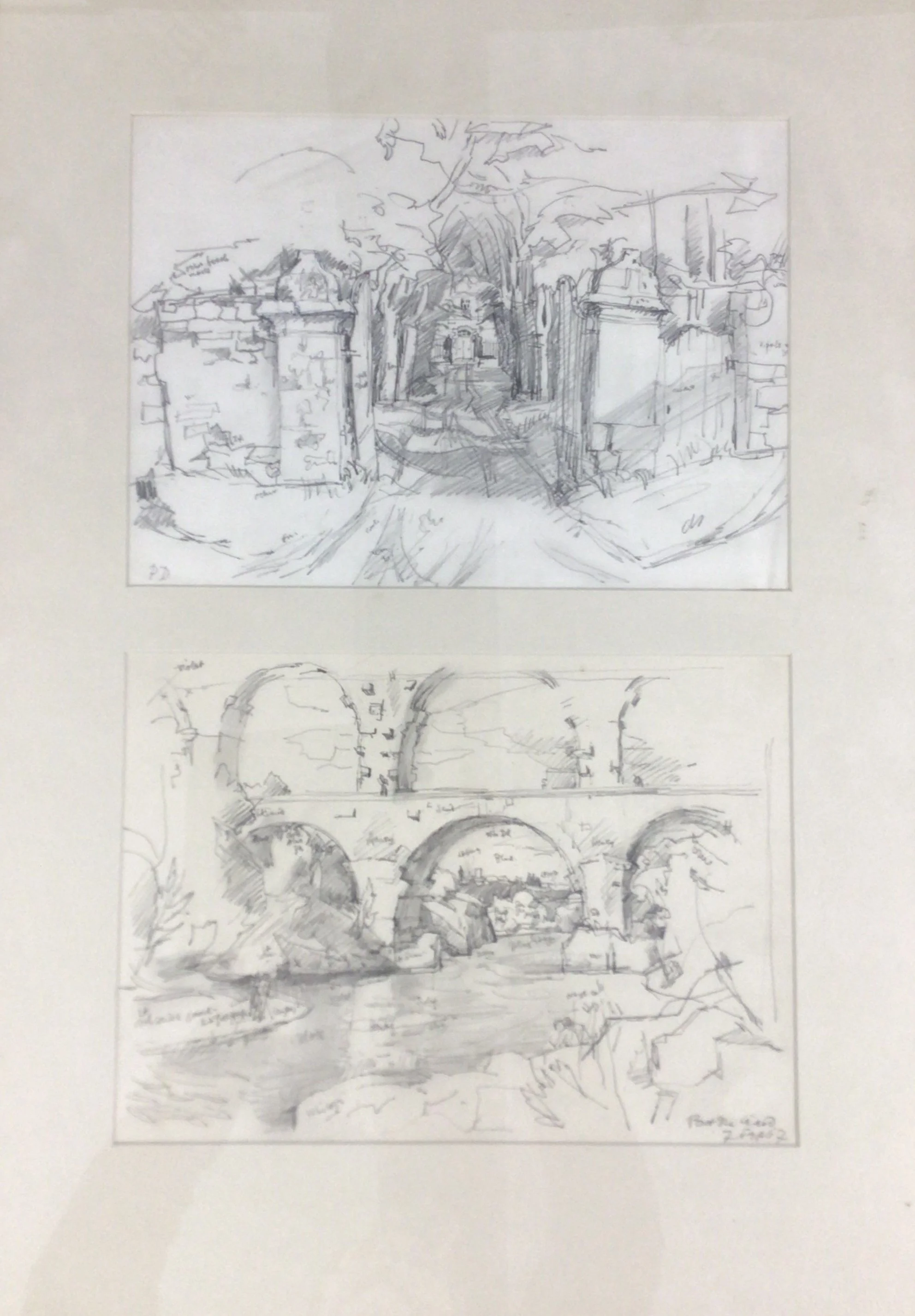 Stone Gates 'near Dinan' and 'Le' Point du Gard. Pencil drawing by Paul Drury