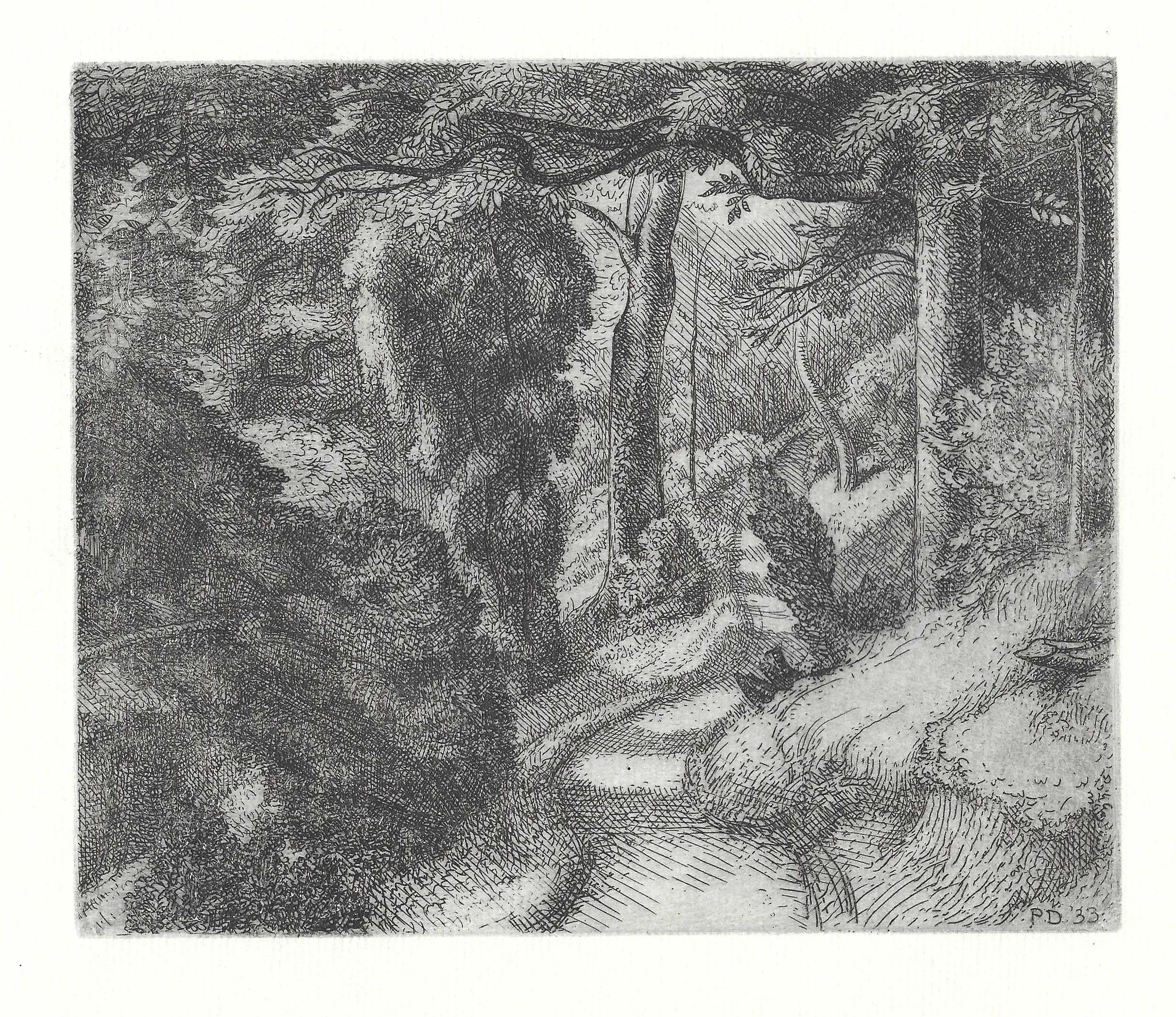 On Box Hill.  Etching by Paul Drury