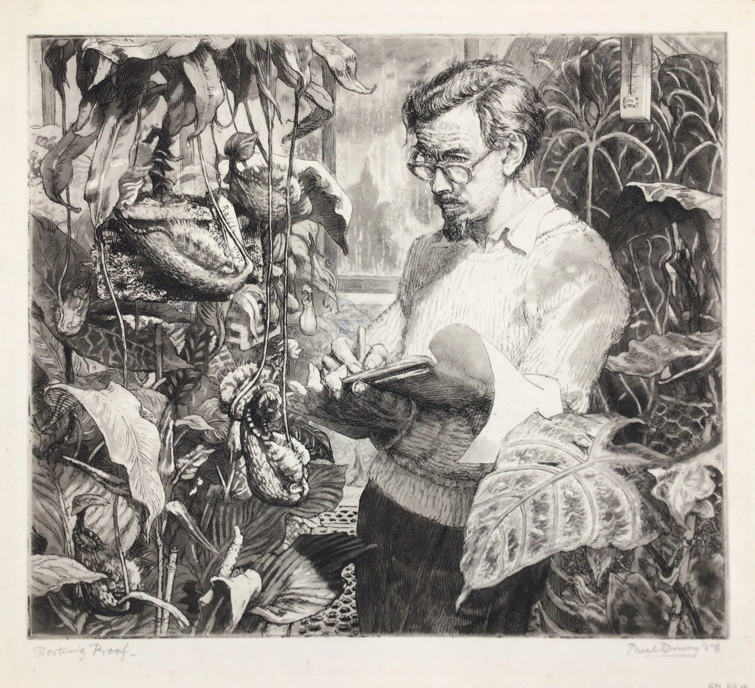 A C Riley drawing in Kew. Etching by Paul Drury