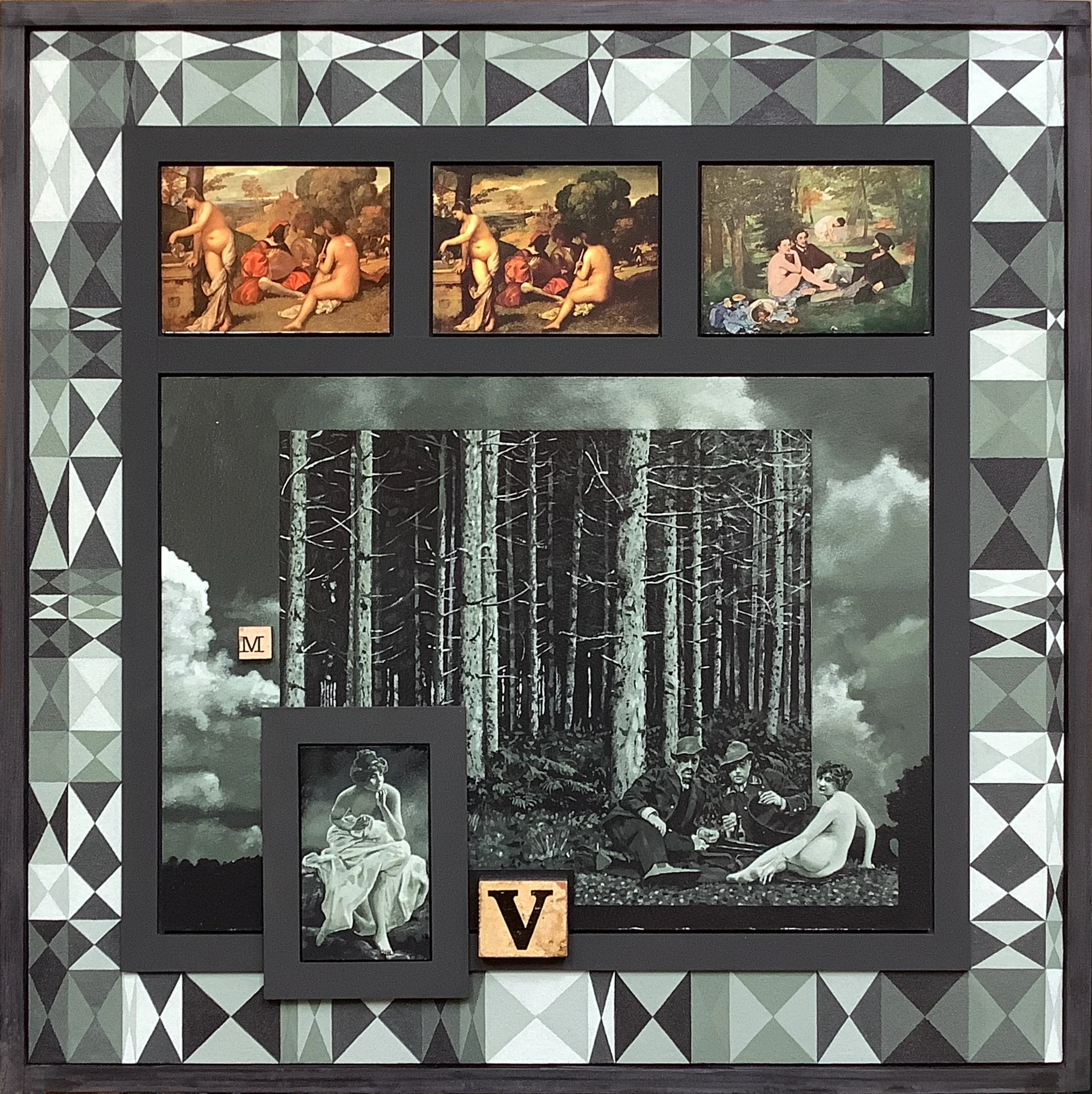 Mnemosyne I. 
Acrylic on canvas and paper, wood, postcards, child’s bricks. 64cm x 64cm x 8cm