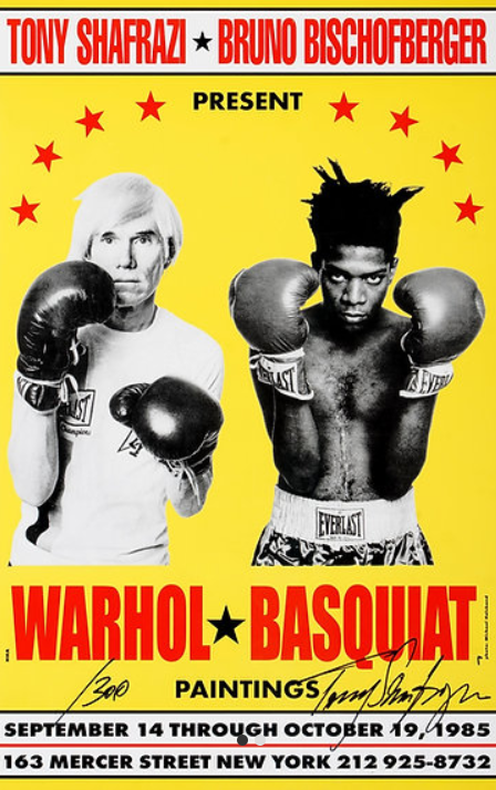Warhol X Basquiat Boxing Anniversary Edition Poster
A rare, highly collectible poster featuring Andy Warhol and Jean-Michel Basquiat for their Warhol Basquiat 1985 exhibition This limited edition print was released in 2015 by Tony Shafrazi Gallery to