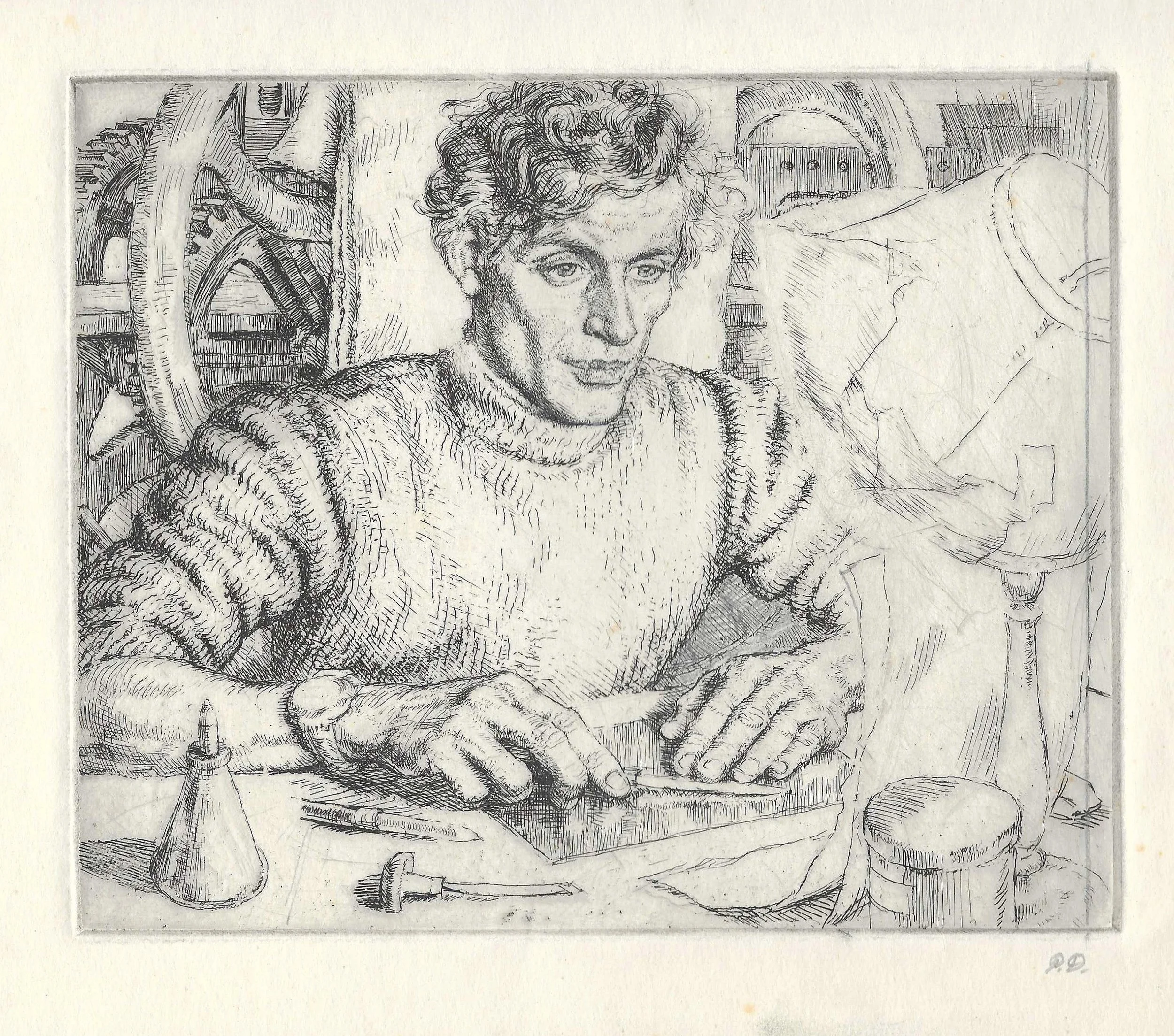 Etcher Burnishing a Plate. Etching by Paul Drury
