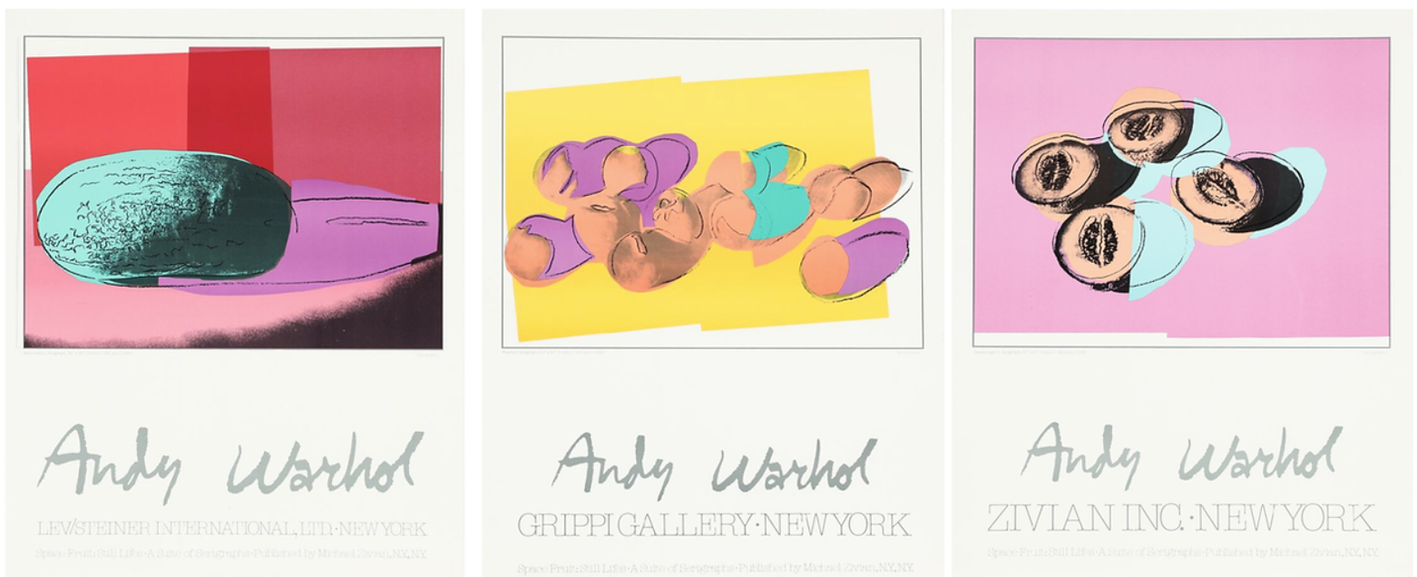 Andy Warhol Three Space Fruit Exhibition Posters
Three of the six exhibition posters

 

1990
Silkscreen exhibition posters
71 x 56 cm each

Published by Michael Zivian, New York NY in c.1990

Excellent condition
Unframed

Accompanied by a gallery Ce