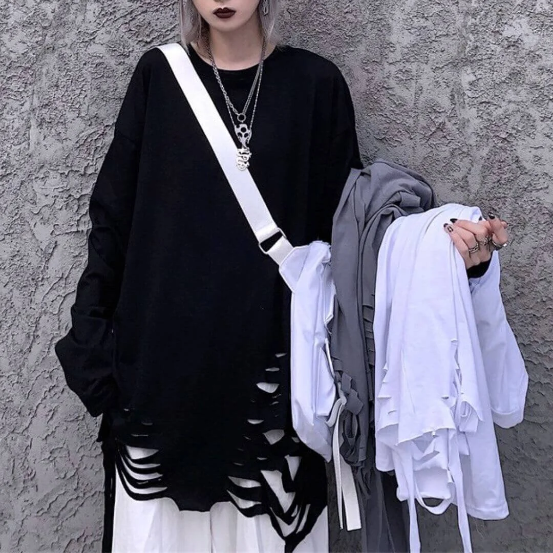 H-XU Oversized Destroyed Long-sleeved Woman's T-shirt