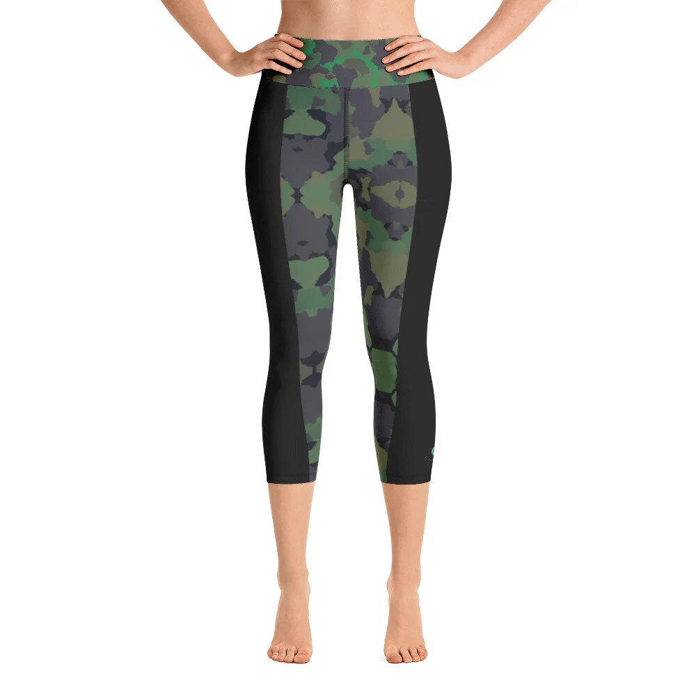 Sneaky XD Look Smaller Capri Yoga Leggings - Camo with Irish Green undertones
