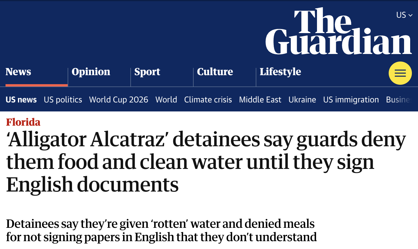 “‘Alligator Alcatraz’ detainees say guards deny them food and clean water until they sign English documents” The Workers Circle featured in the Guardian