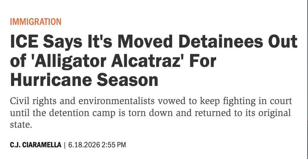In Reason Magazine: ICE Says It's Moved Detainees Out of 'Alligator Alcatraz' For Hurricane Season
