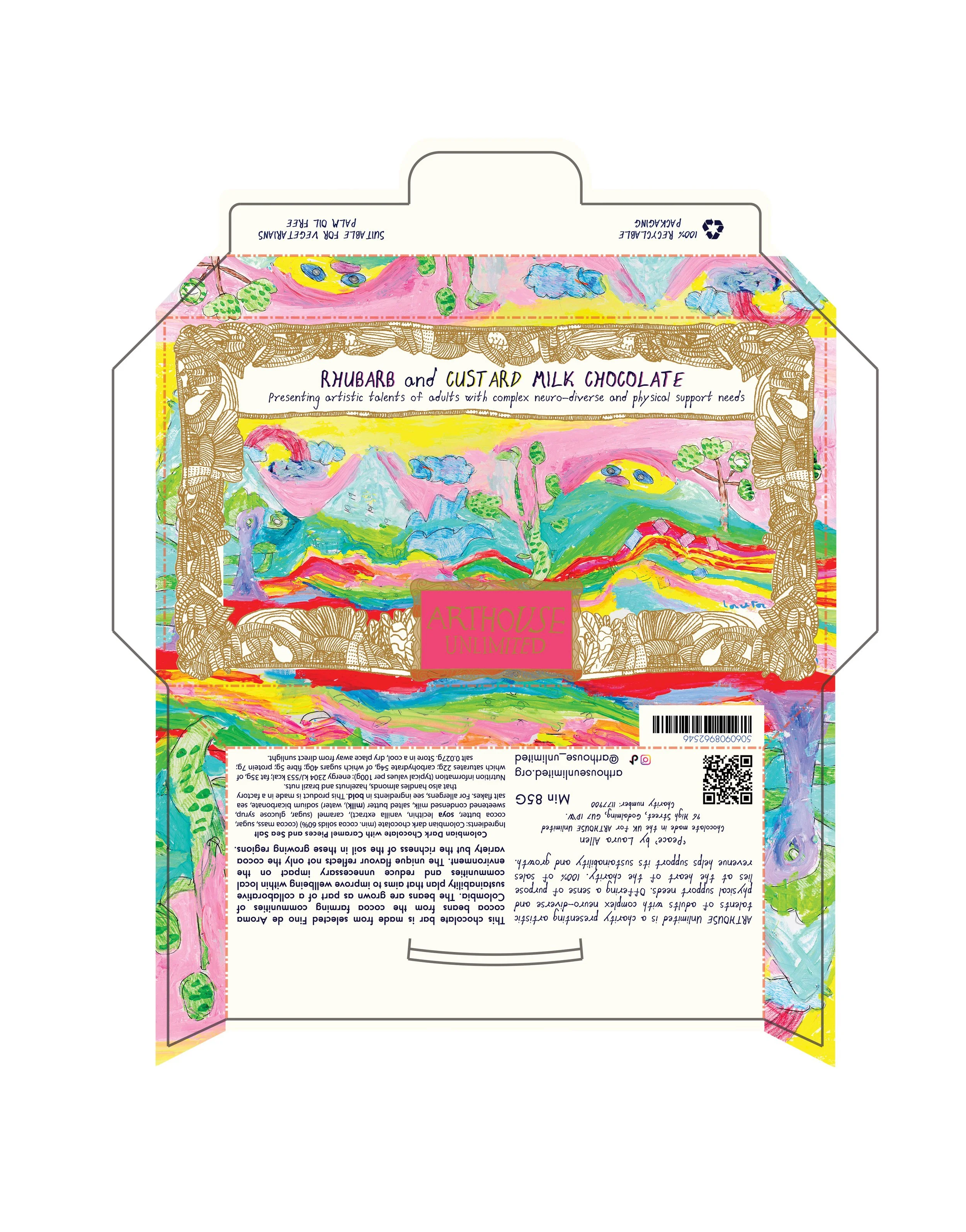 Colorful illustration of a natural landscape featuring mountains, clouds, trees, flowing rivers, and vibrant colors with a pink and yellow background.