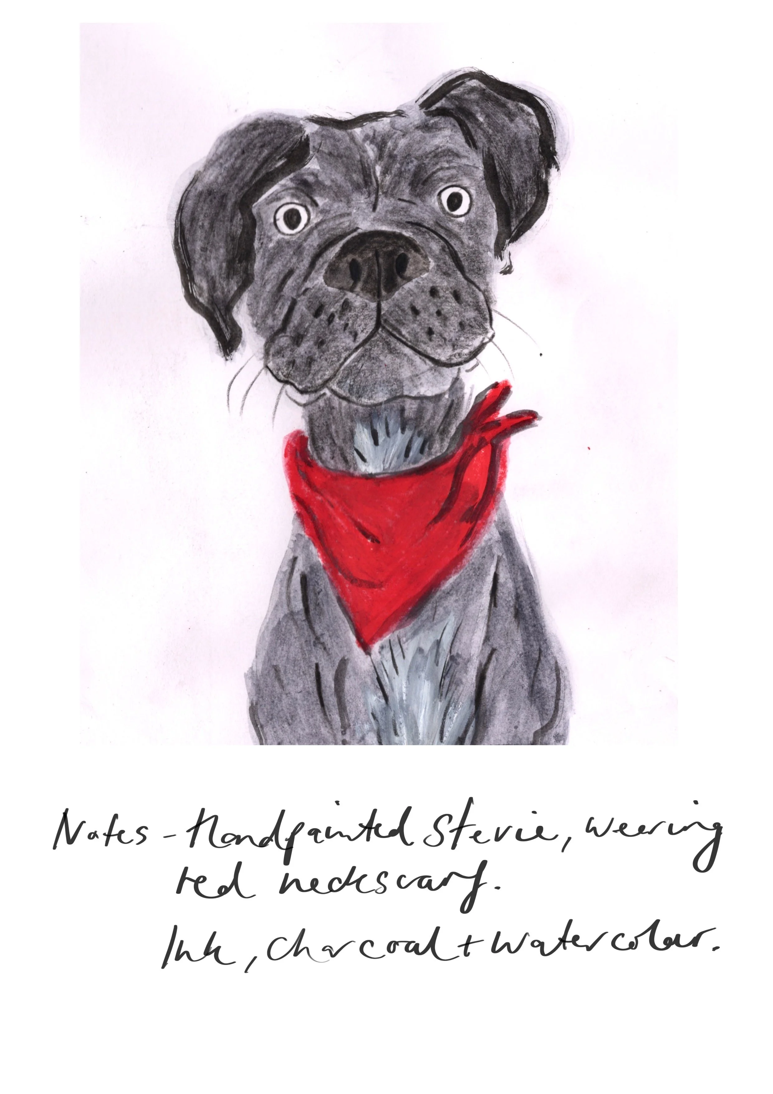 A hand-drawn portrait of a dog with dark fur, large expressive eyes, and a red bandana around its neck. Handwritten notes are visible below the drawing.