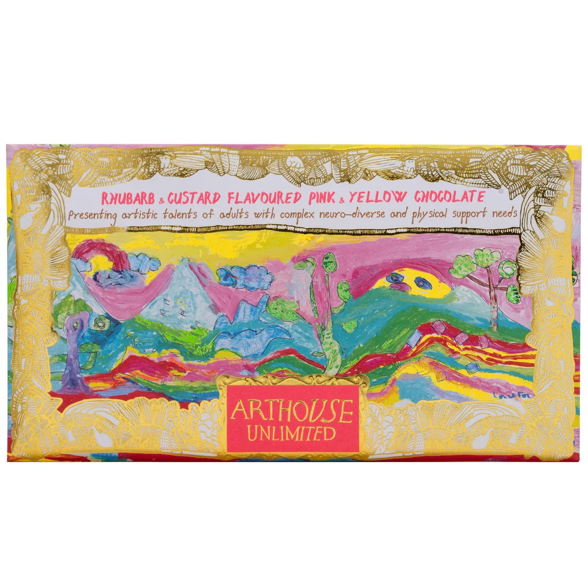 Colorful packaging of Arthouse Unlimited rhubarb and custard flavored pink and yellow chocolate bar with a vibrant, artistic landscape illustration on the box.