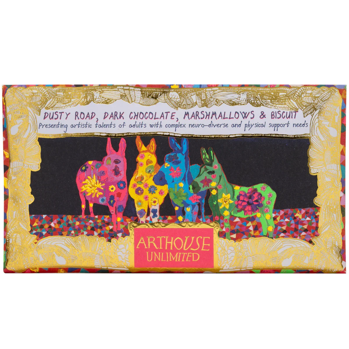 Colorful candy box with four decorated donkey figures in pink, yellow, blue, and green, framed by a gold border, and the text 'Dusty Road, Dark Chocolate, Marshmallows & Biscuit' with the description about artistic talents of adults with complex neur