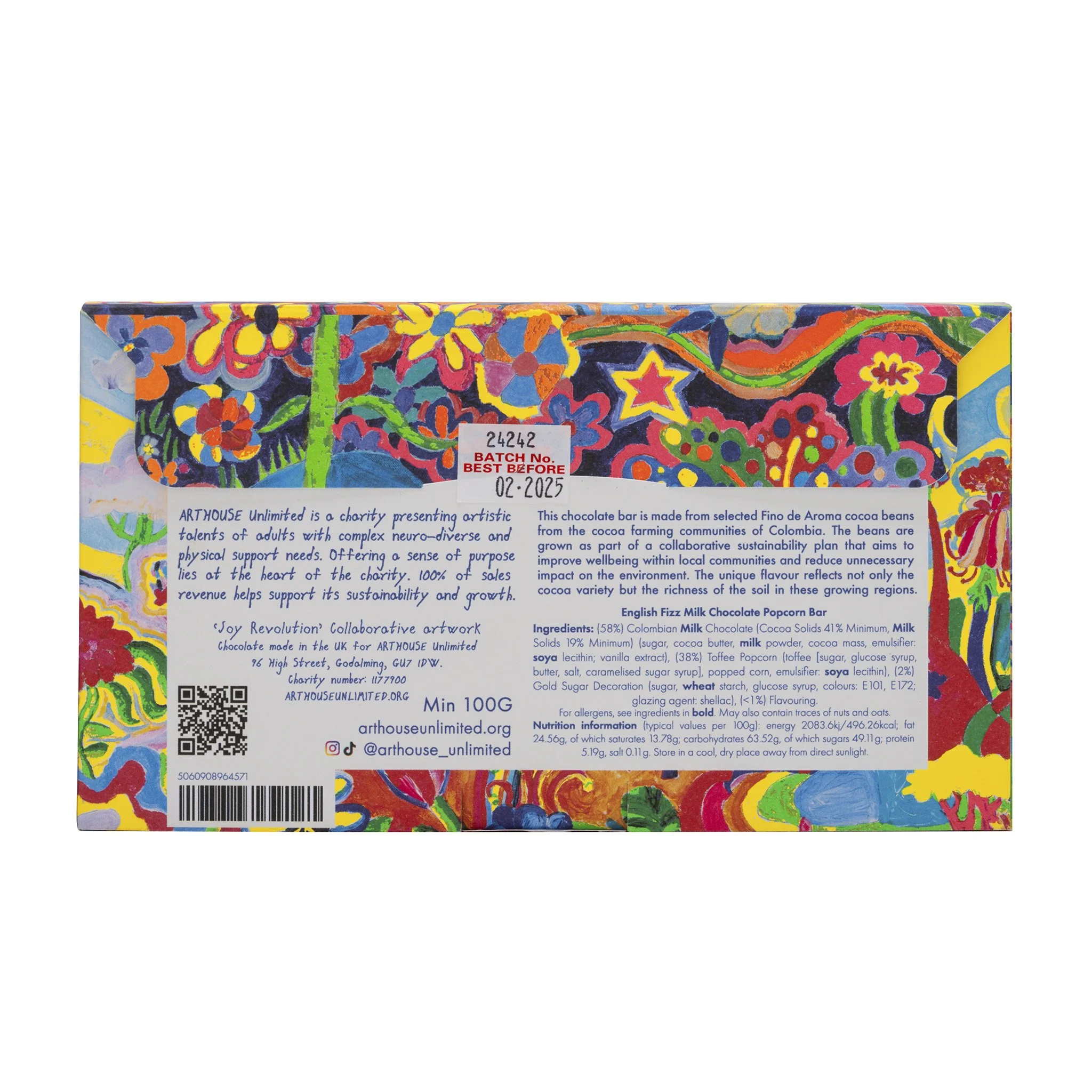 Colorful illustrated packaging with artwork of flowers, stars, and abstract designs. Includes a label with batch and best before information, and a description of a chocolate bar made from Colombian cocoa beans.
