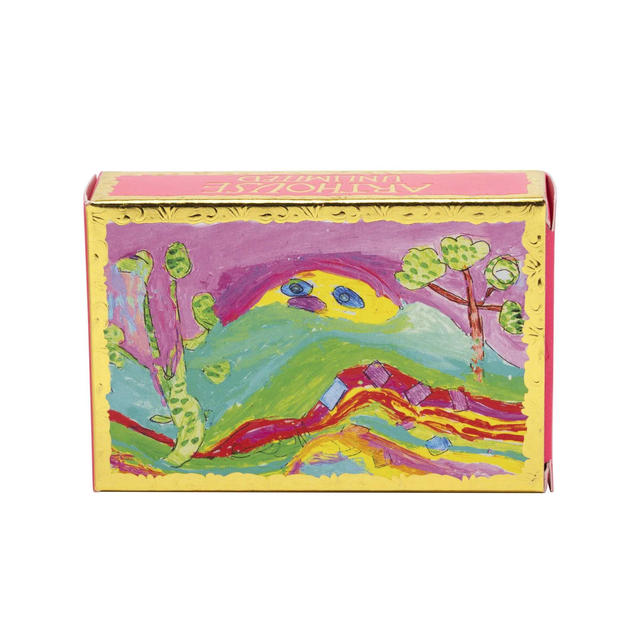 Colorful illustrated box with a pink label and decorative gold border on the top edge. The box features a whimsical, vibrant landscape scene with trees, rolling hills, and a rainbow in a children's art style.