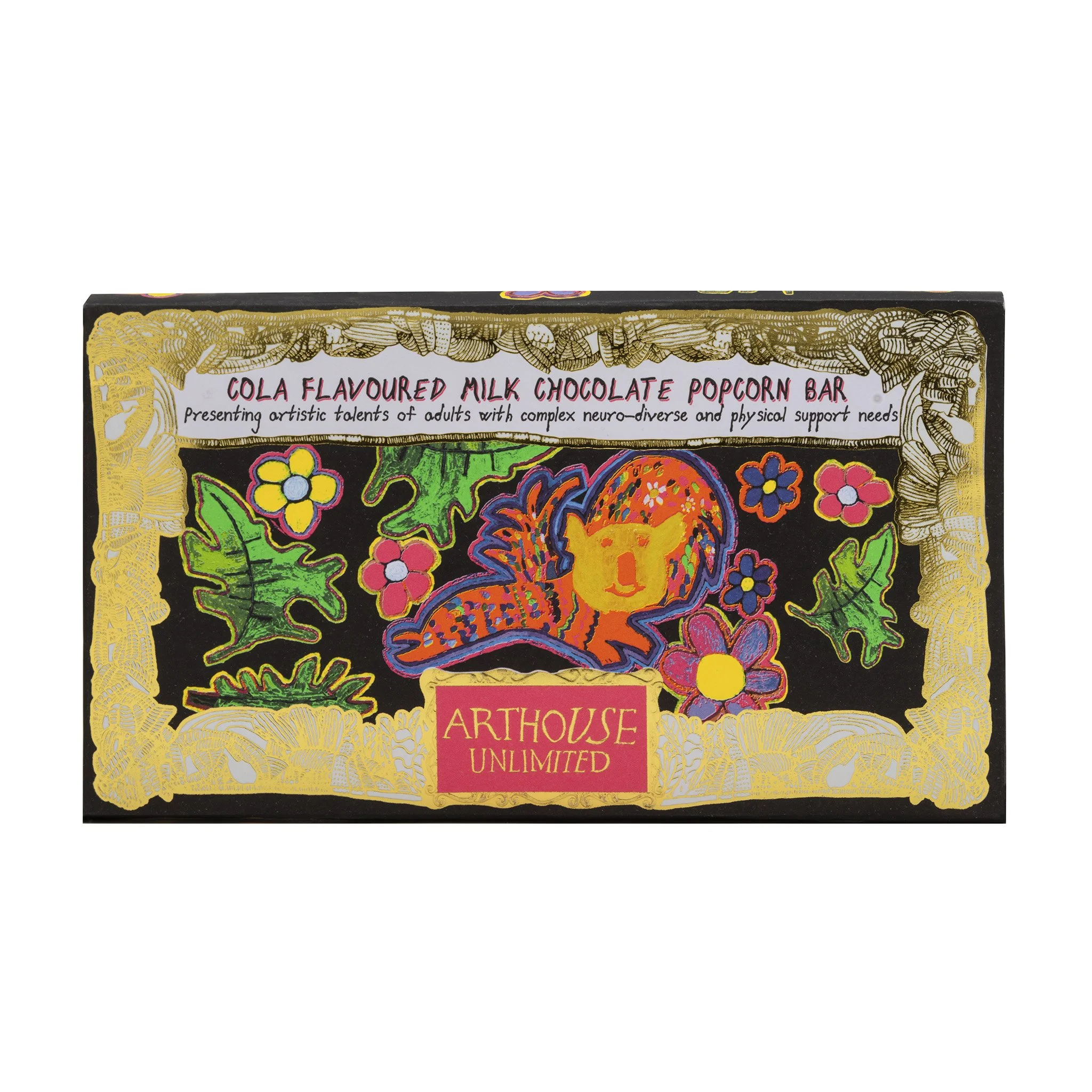 Package of chocolate popcorn with colorful, artistic label design.