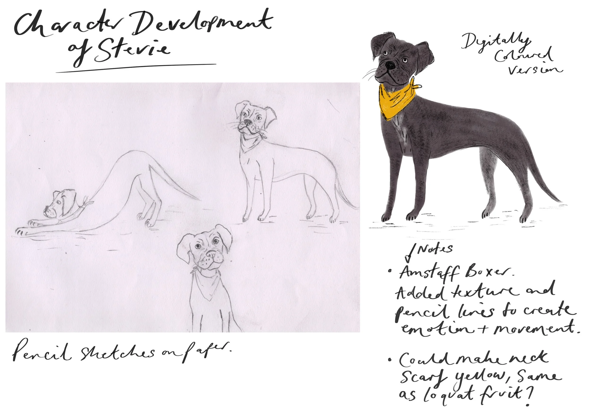 Page from a character development guide featuring sketches and descriptions of a dog character named Stervie. The page includes hand-drawn sketches of the dog in different poses, a colored illustration with a yellow bandana, and notes on creating emo