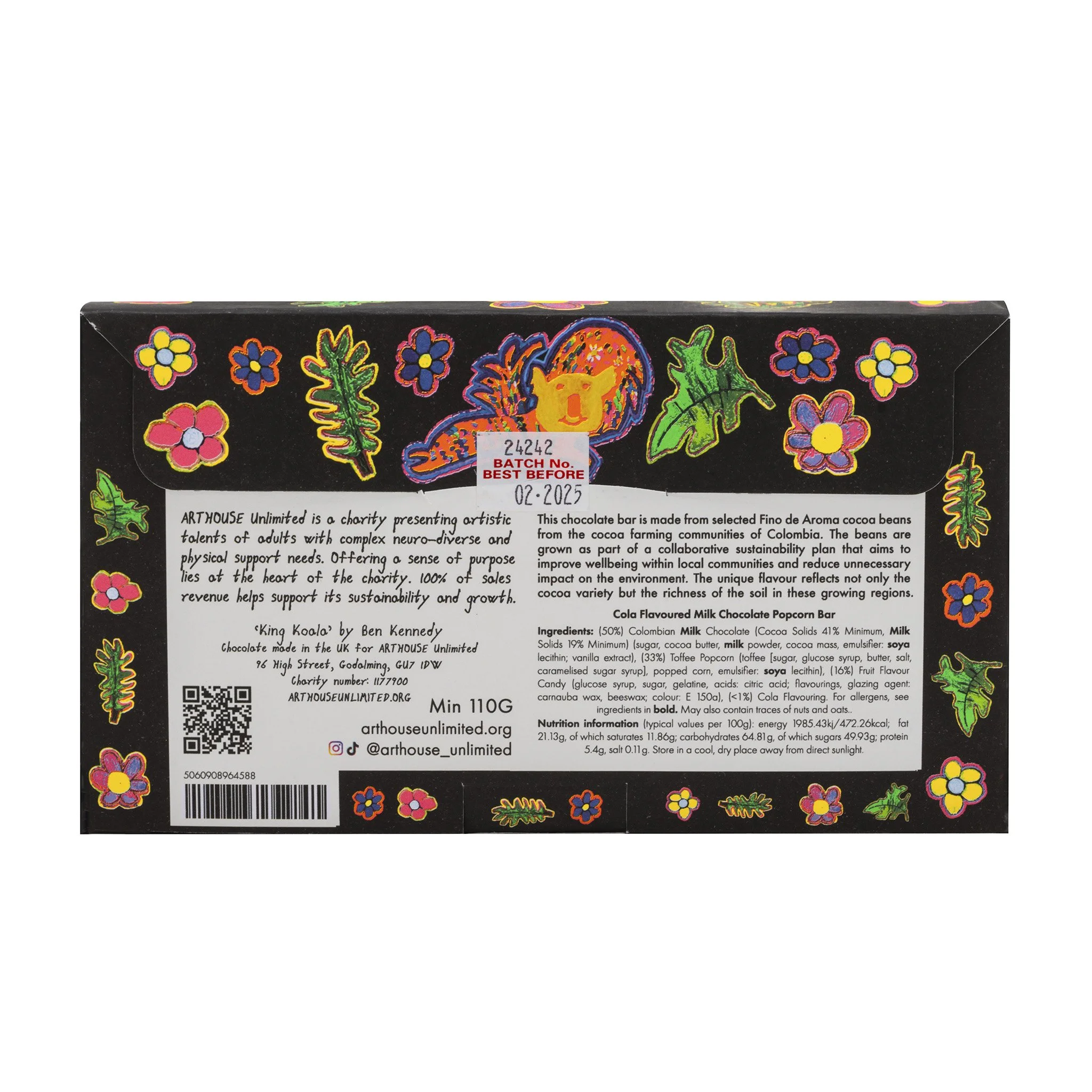 A rectangular chocolate bar with colorful floral and leaf patterns on the black packaging, and a white label with red and black text.