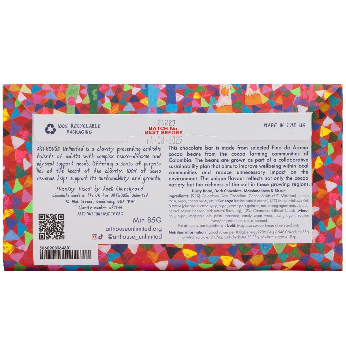Back of a chocolate bar package with colorful geometric border and white label containing product and company information.