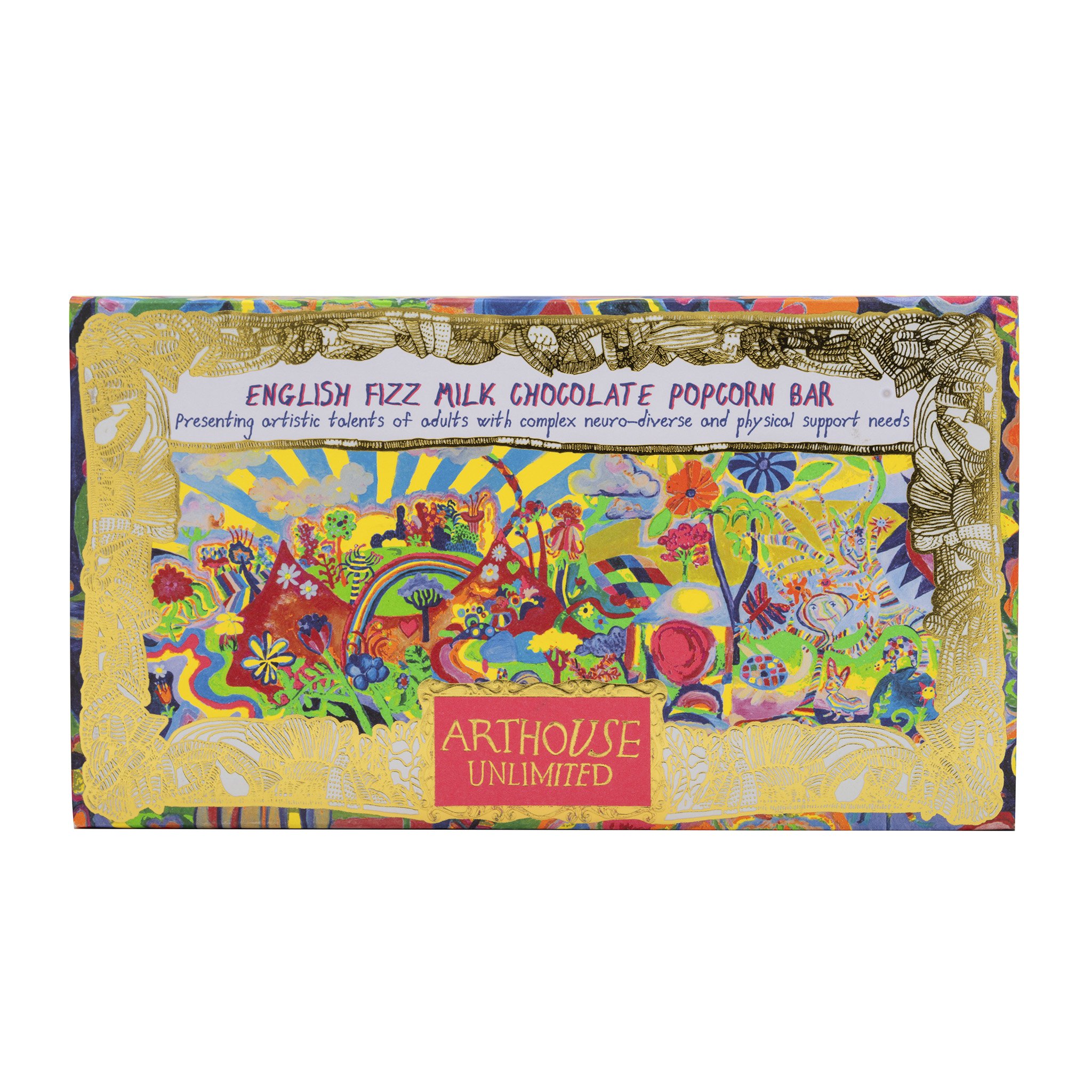A colorful illustrated box of a chocolate popcorn bar named "Arthouse Unlimited" with intricate gold detailing around the edges and a vibrant, abstract background.