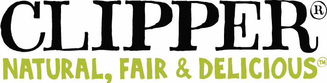 Close-up image of a clipper product logo with the words "Natural, Fair & Delicious" underneath.