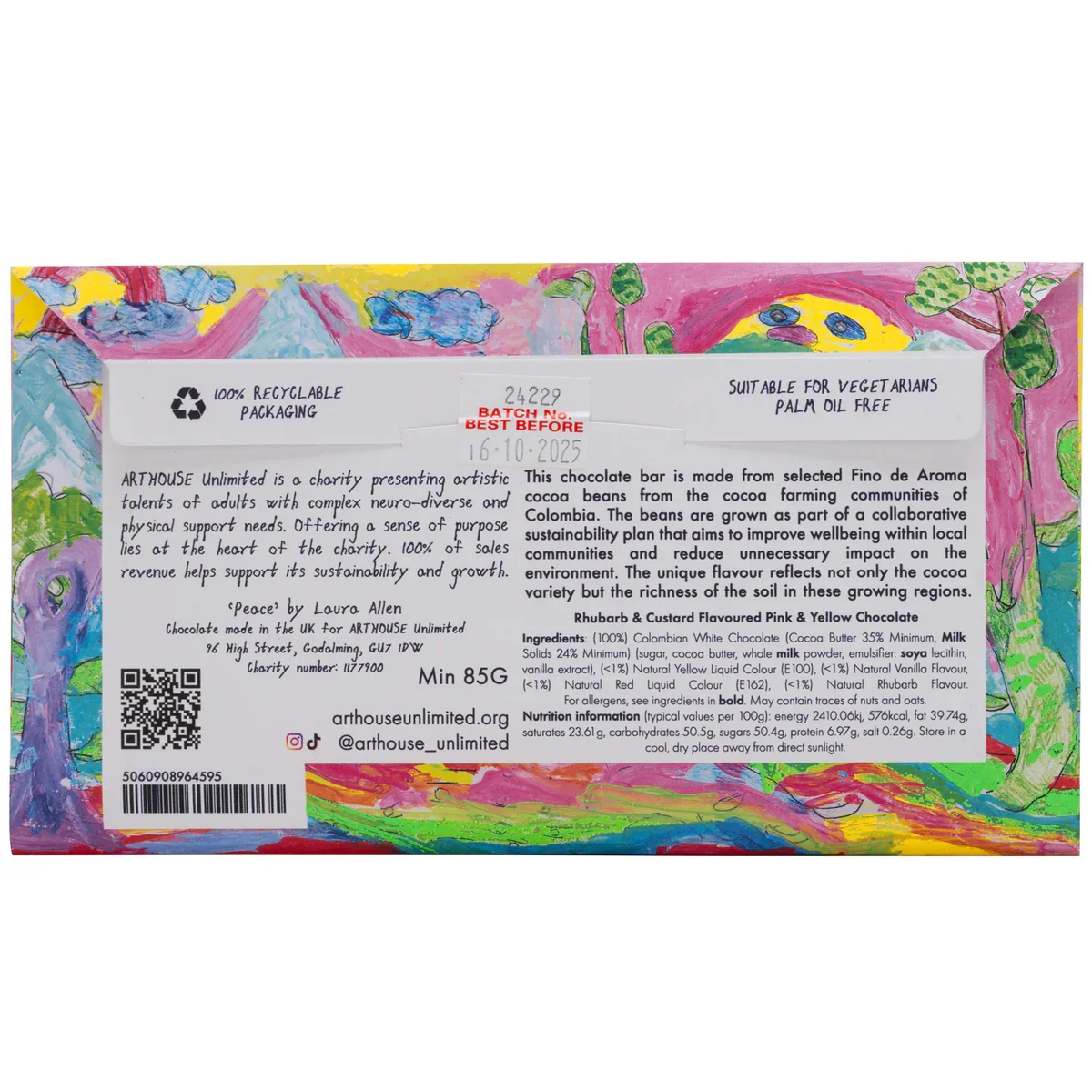 Colorful artistic packaging of a chocolate bar with information about ingredients, sustainability, and charity details printed on the back.