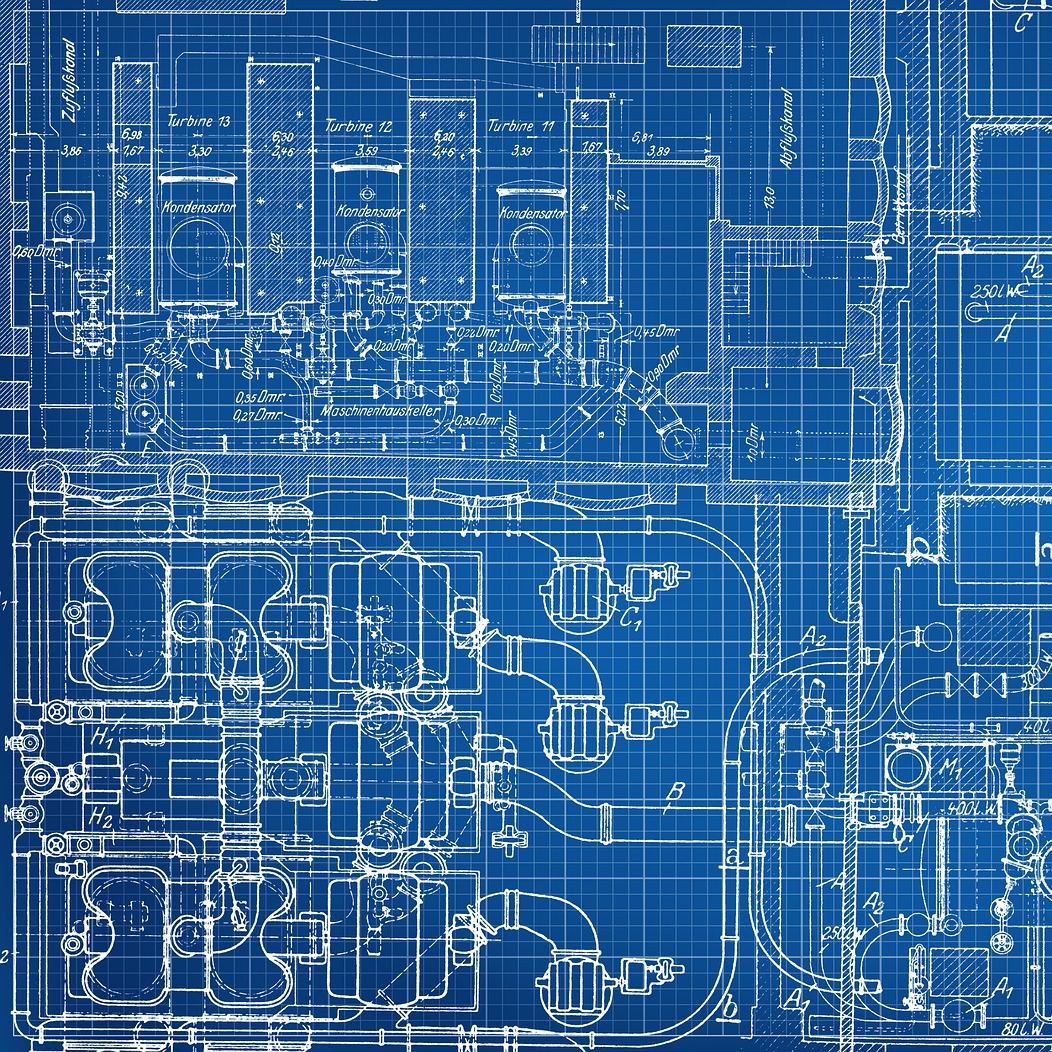 Blueprint of a mechanical or industrial system featuring turbines, condensers, pipes, and machinery outlined on a blue background.