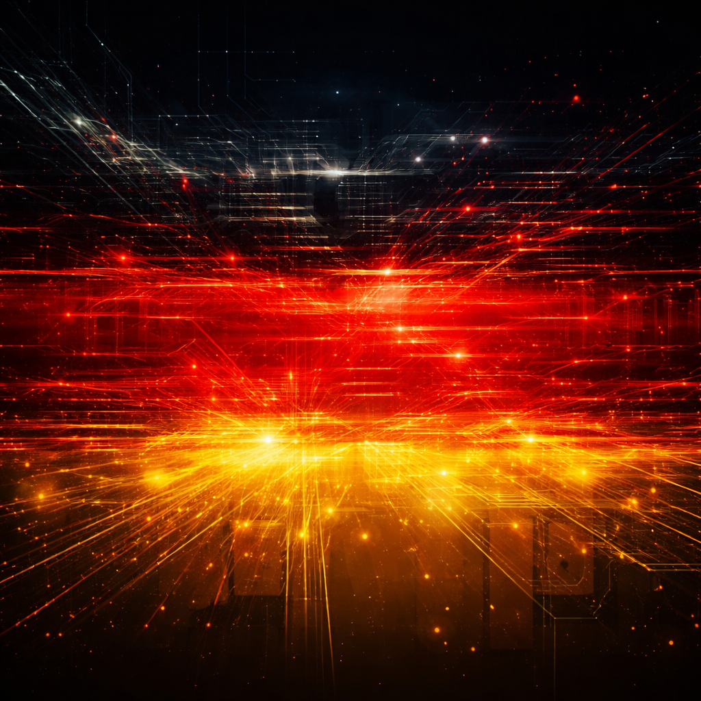 Digital artwork depicting a futuristic cityscape with bright red, orange, and yellow light streaks, representing technology and data streams.