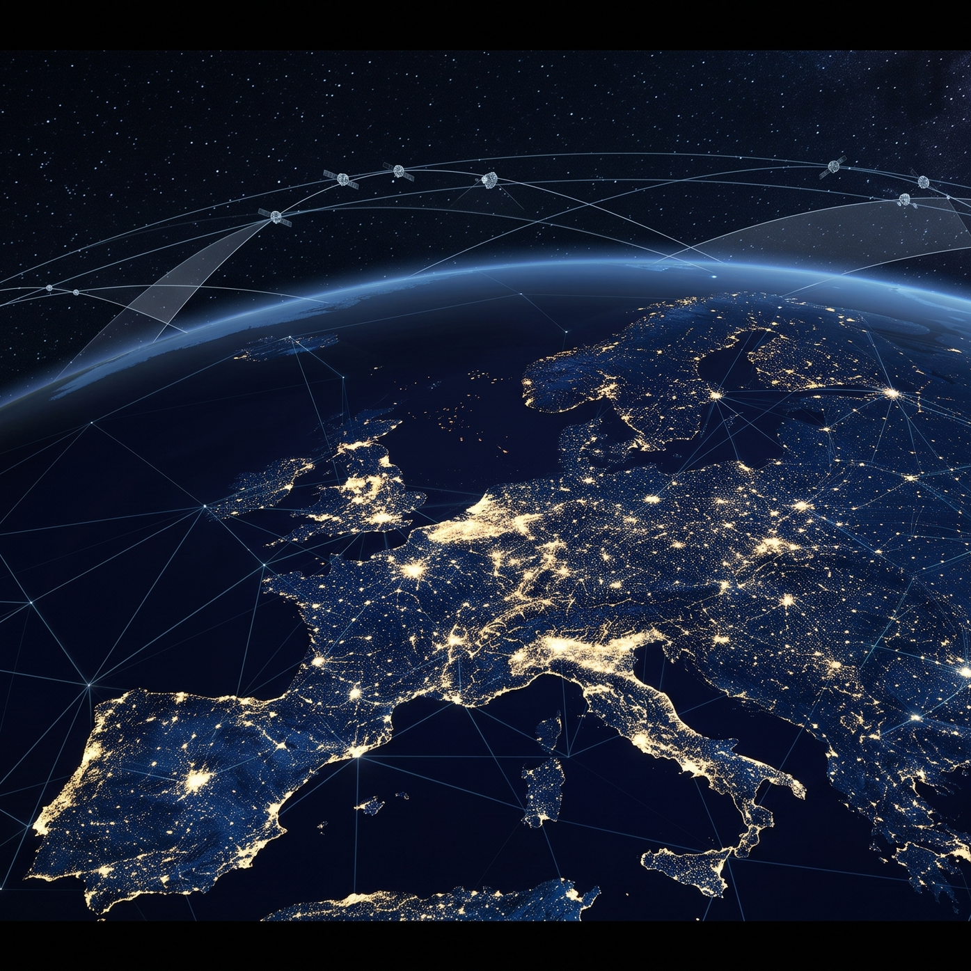 Nighttime satellite image of Europe and parts of North Africa, illuminated by city lights, with a digital network overlay connecting satellites in space orbit above.
