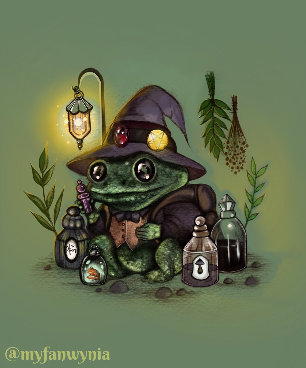 Potion Peddler 2026. Pencil drawing on textured watercolour paper, colourised digitally (Software: Procreate, hardware: iPad Pro 13)