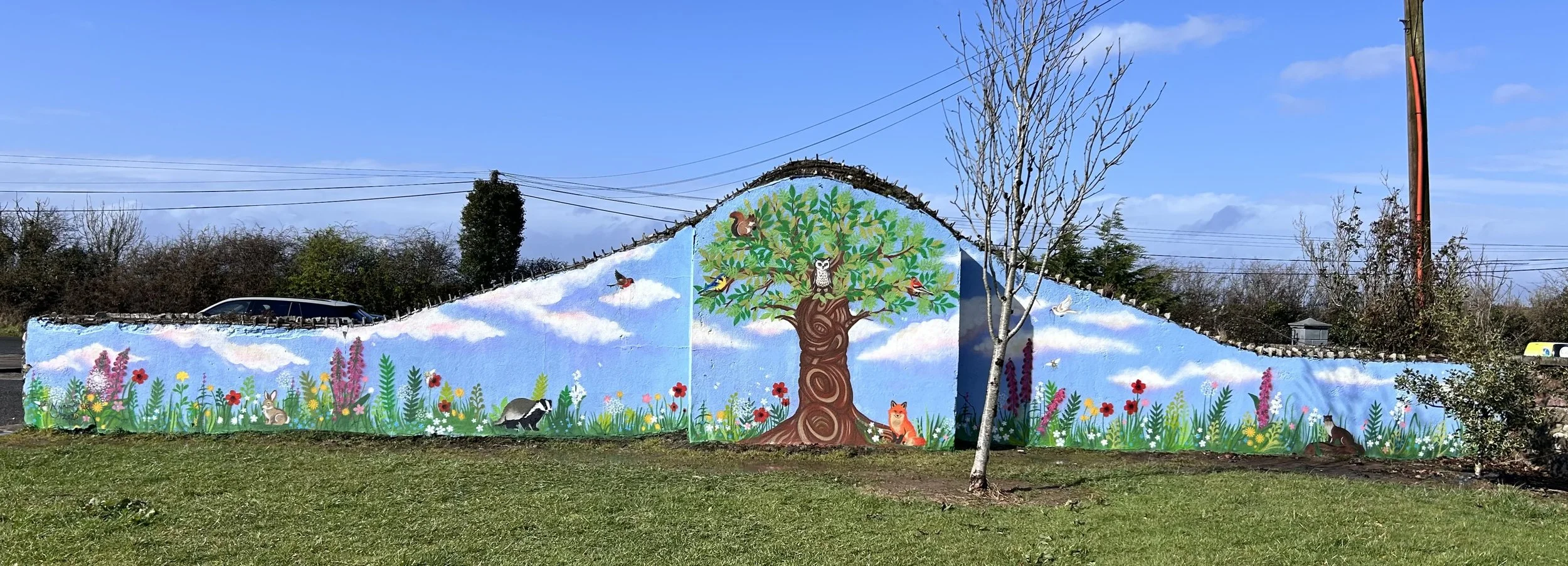 2026 This collaborative mural was designed and facilitated by the artist, working with students over two full painting days, from priming the wall through to spray painting, as part of an Education for Sustainable Development (ESD) funded project in 