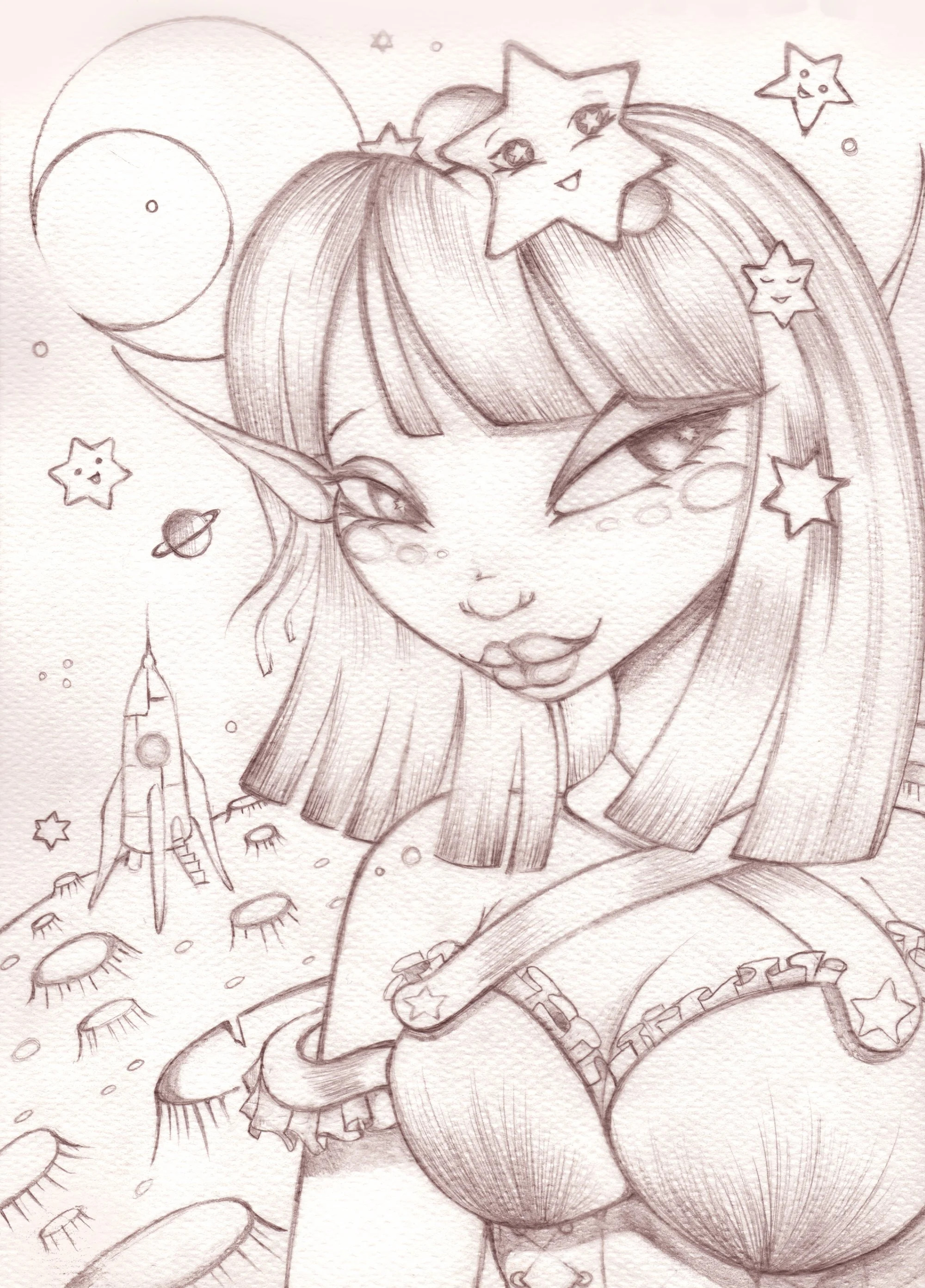 Star Girl 2025. Pencil drawing on textured watercolour paper, tinted to Sepia digitally (Software: Procreate, hardware: iPad Pro 13)
