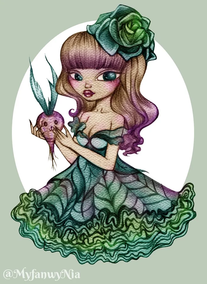 'Rabbit Radish' 2024, Pencil drawing on textured watercolour paper, colourised digitally (Software: Photoshop Elements 5.0, hardware: Wacom Cintiq)