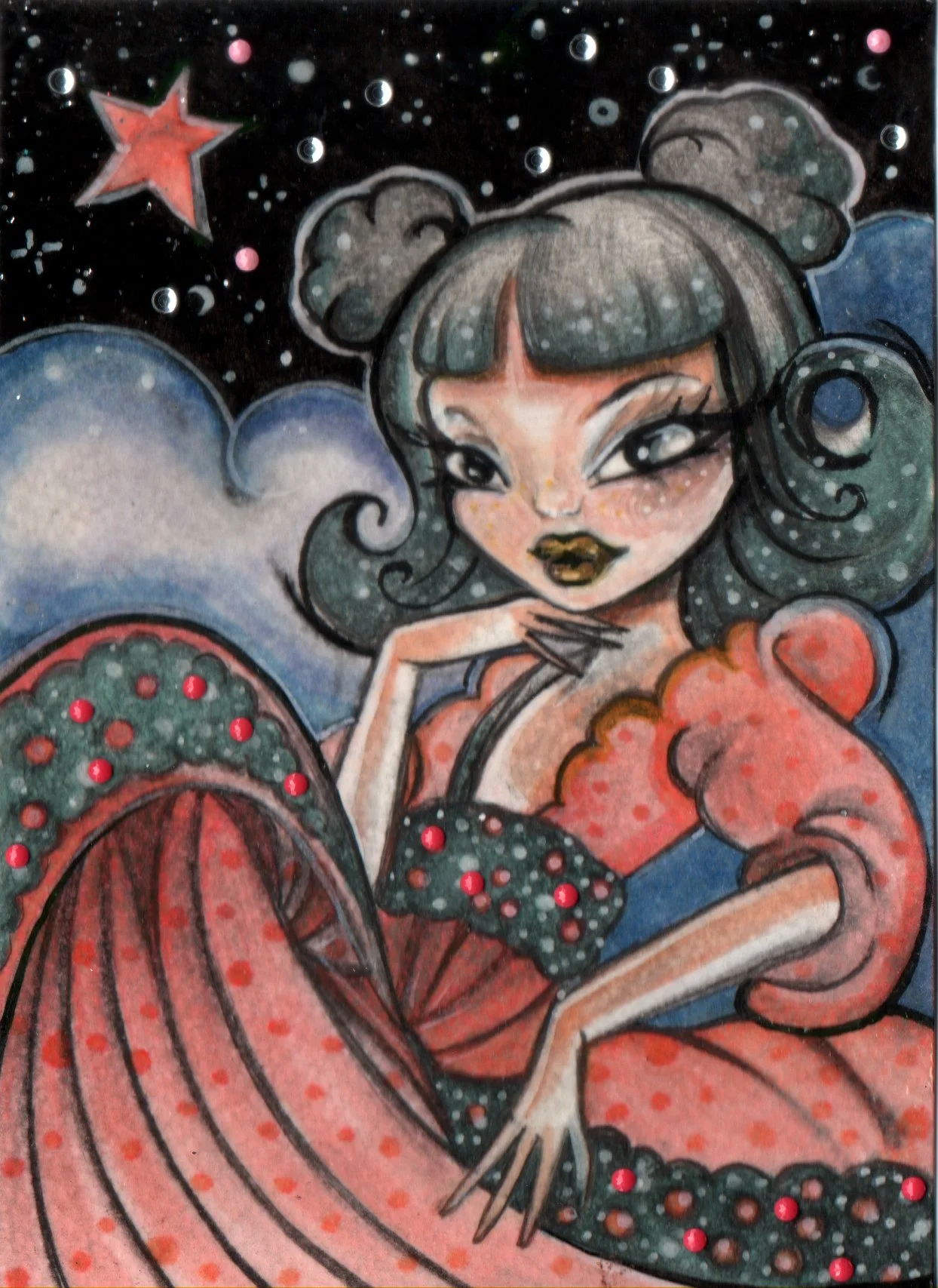 Miniatures & Studies: Daydreaming at Night 2025. Indian Ink & Copic. 10.16 × 15.24 cm. Created for the Incognito charity art exhibition, 2024.