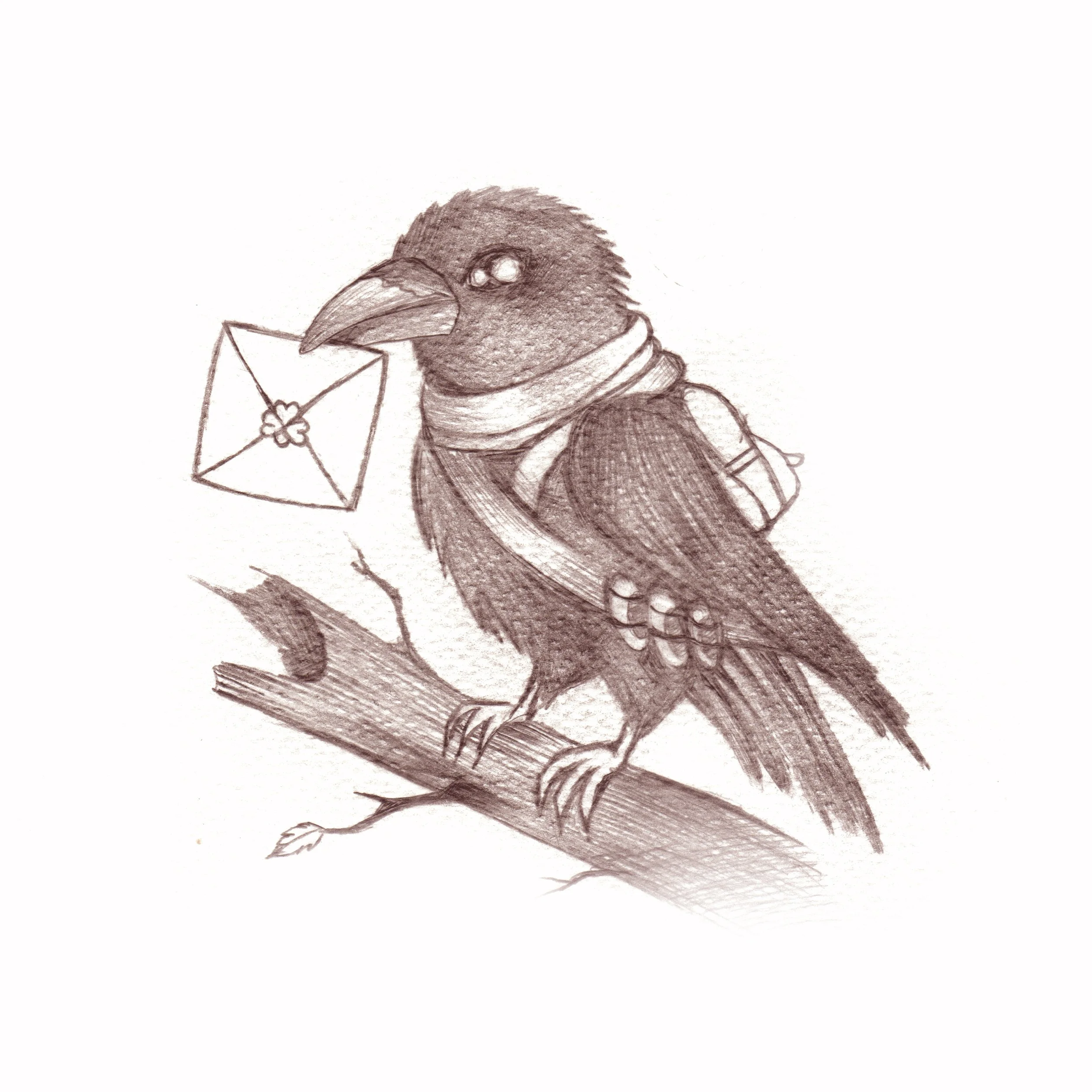 Raven Messenger 2026. Pencil drawing on textured watercolour paper, tinted to Sepia digitally (Software: Procreate, hardware: iPad Pro 13)