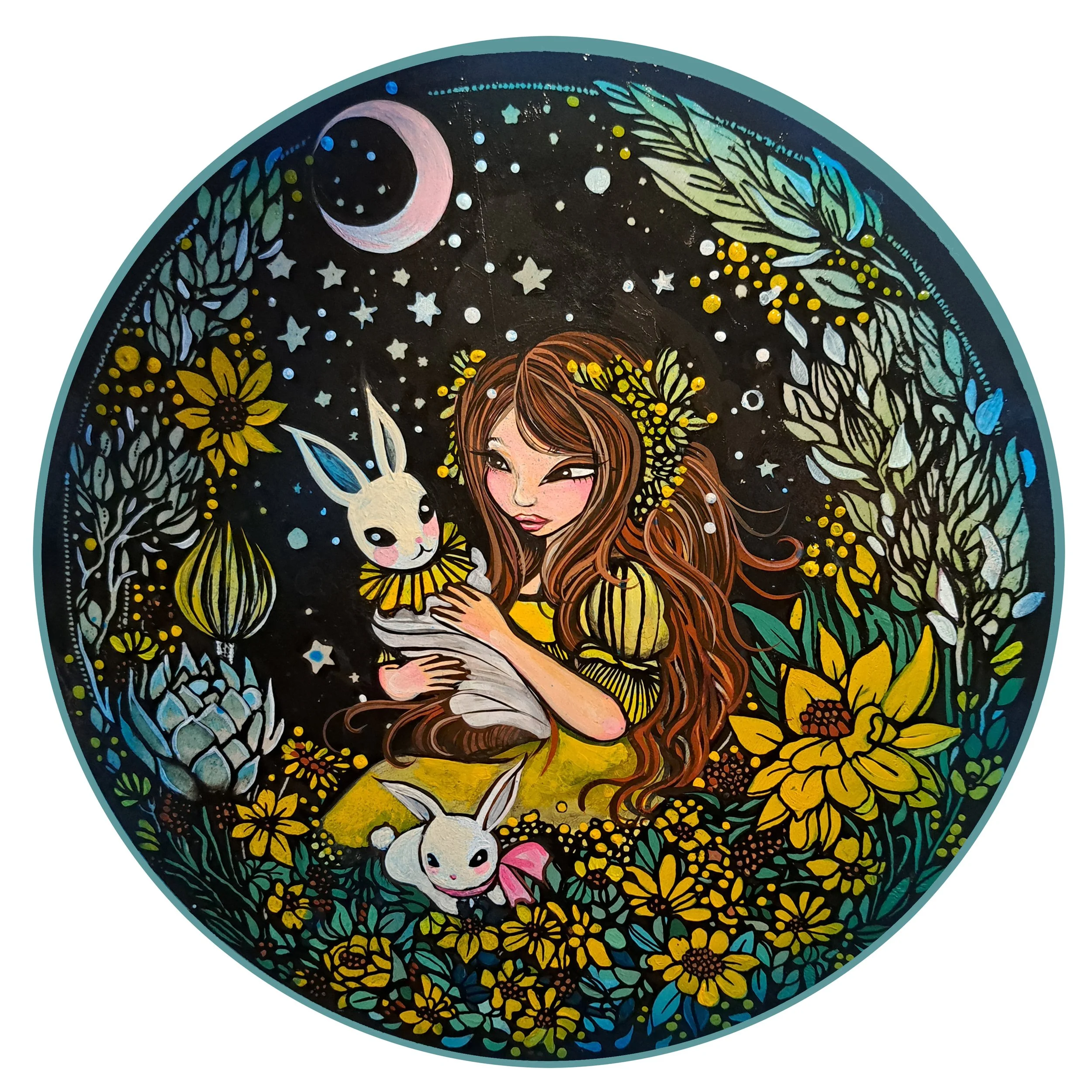 A Bunny Tale 2023, Acrylic, Indian Ink and Resin on Wood Panel. 30 x 30cm